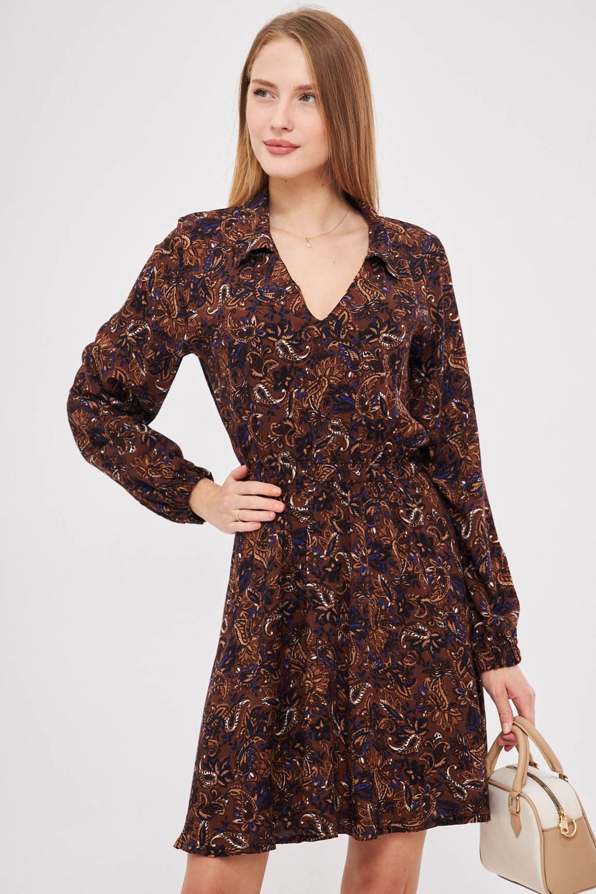 Women's coffee shirt collar detailed waist handle rubber dress with rubber dress ARM-25K001043