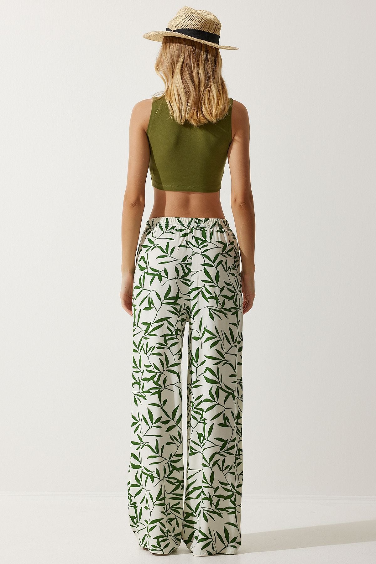 Female Ecru Green Patterned Viscose Palazzo Pants EN00606