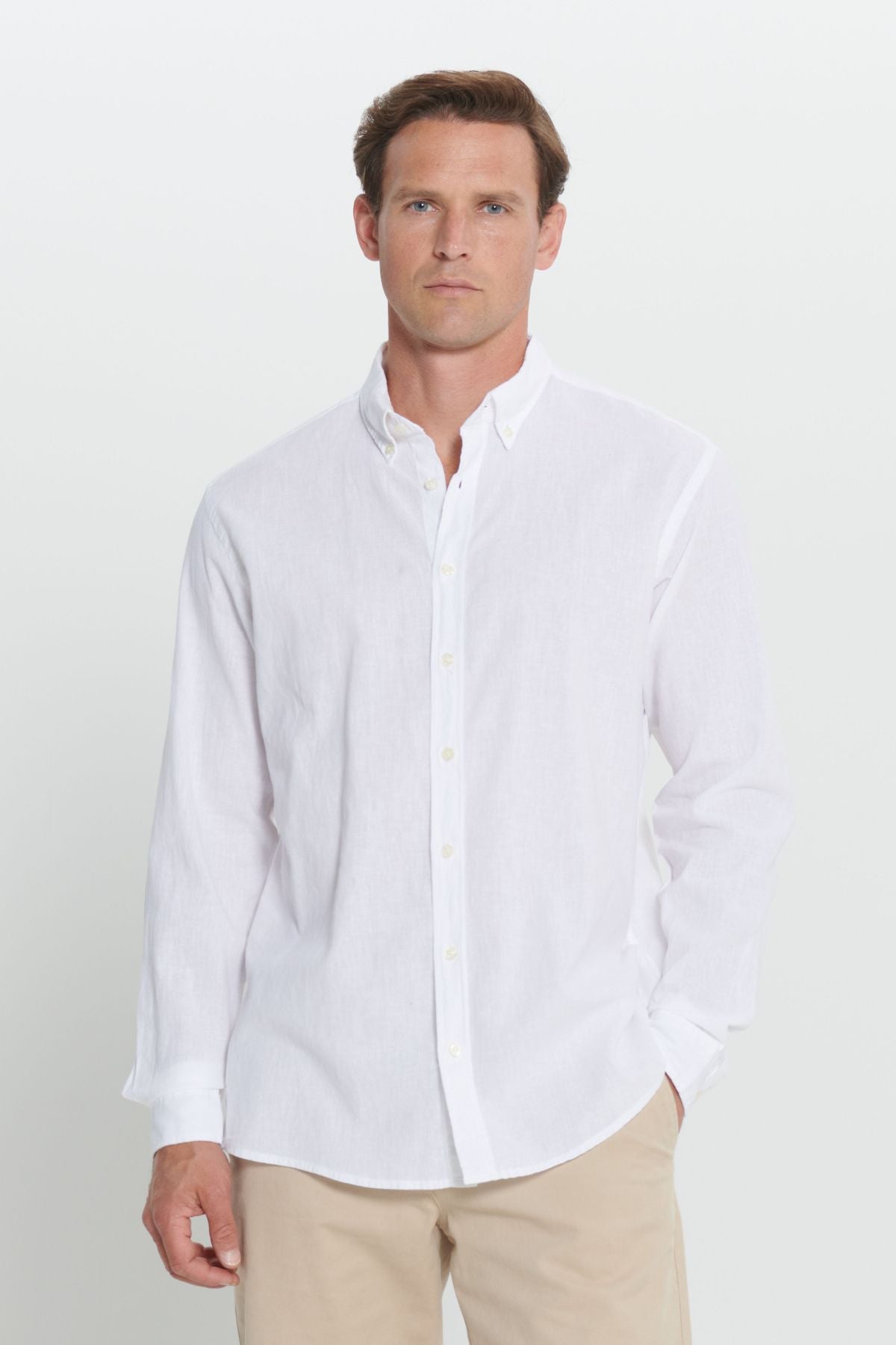 Men's White Linen Comfort Fit Casual Cutting buttoned collar shirt