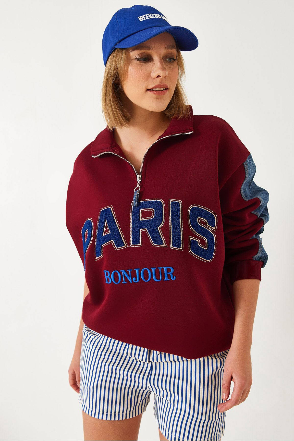 Denim detailed three yarns with zipper with zipper Sweatshirt 60261236