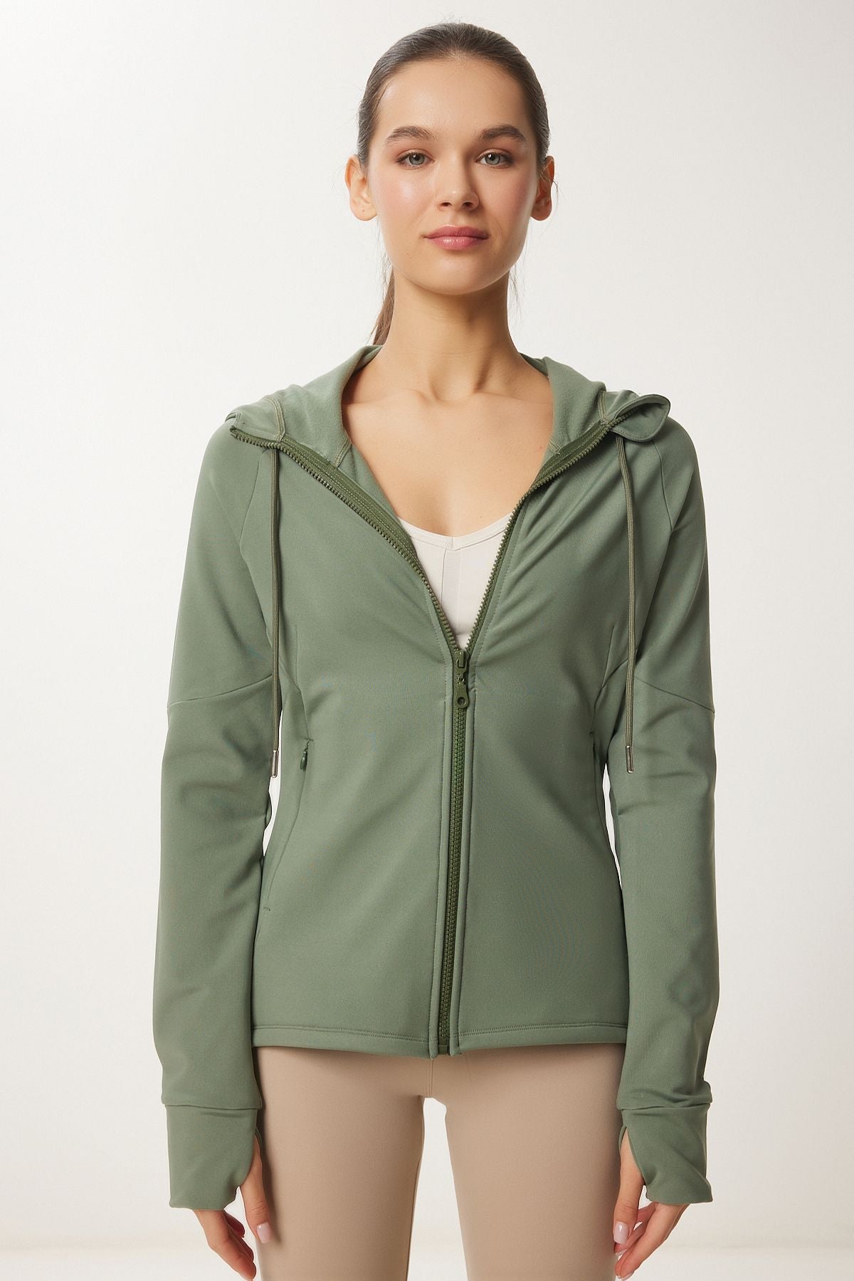 Female Khaki Finger Detailed Hooded Zipper Knitting Sweatshirt VX00007