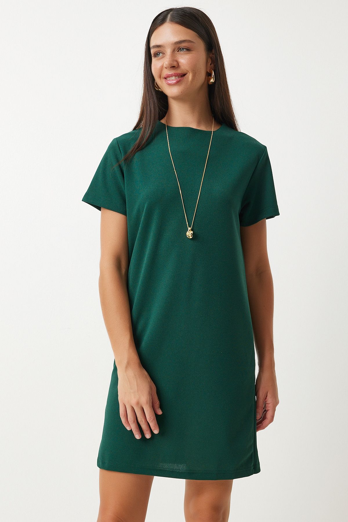 Female emerald green bike collar Basic crepe dress to00136