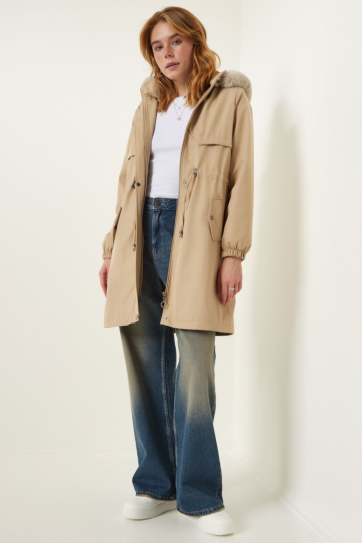 Fur furry coat with a woman beige hooded DD01292