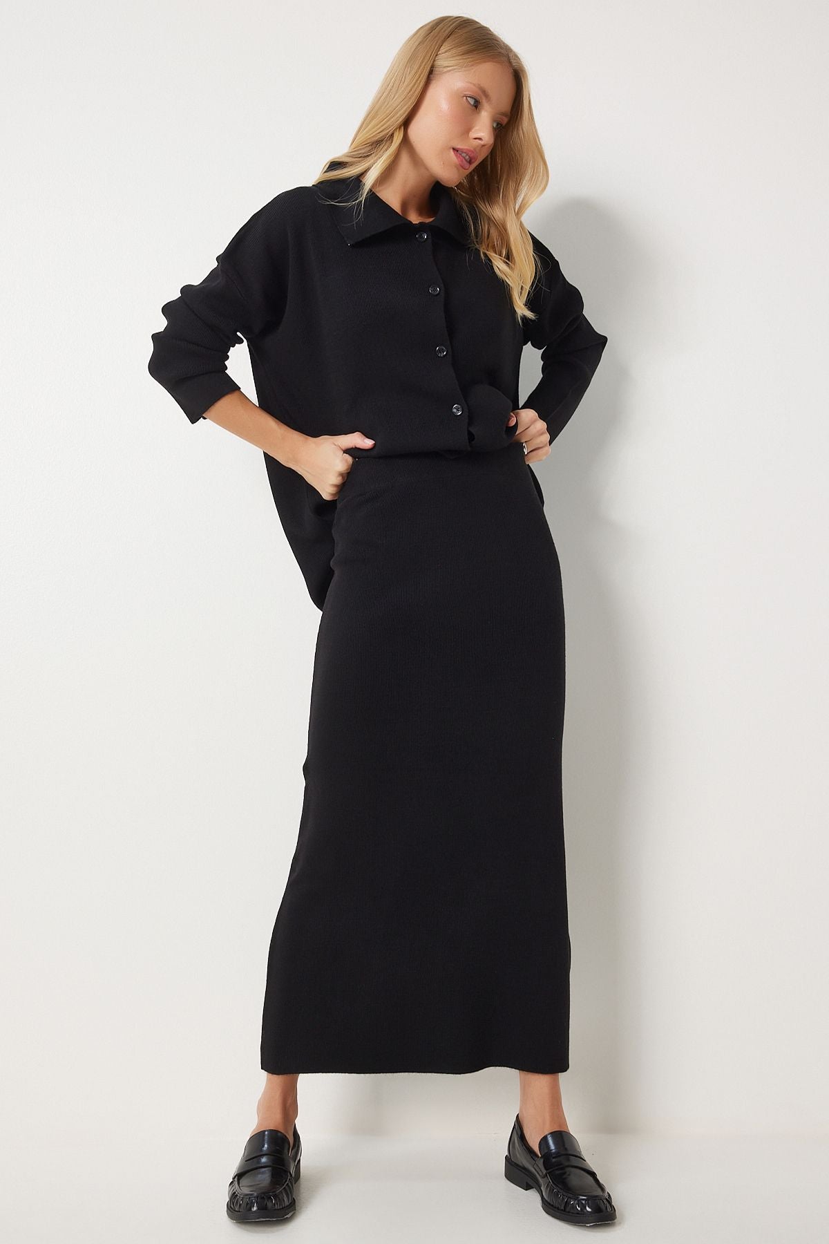 WOMEN BLACK Polo Yaka knitwear cardigan skirt set PF00090