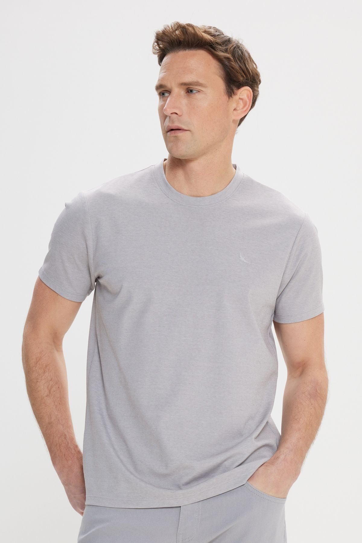 Men's gray slim fit narrow cut bicycle collar cotton t -shirt