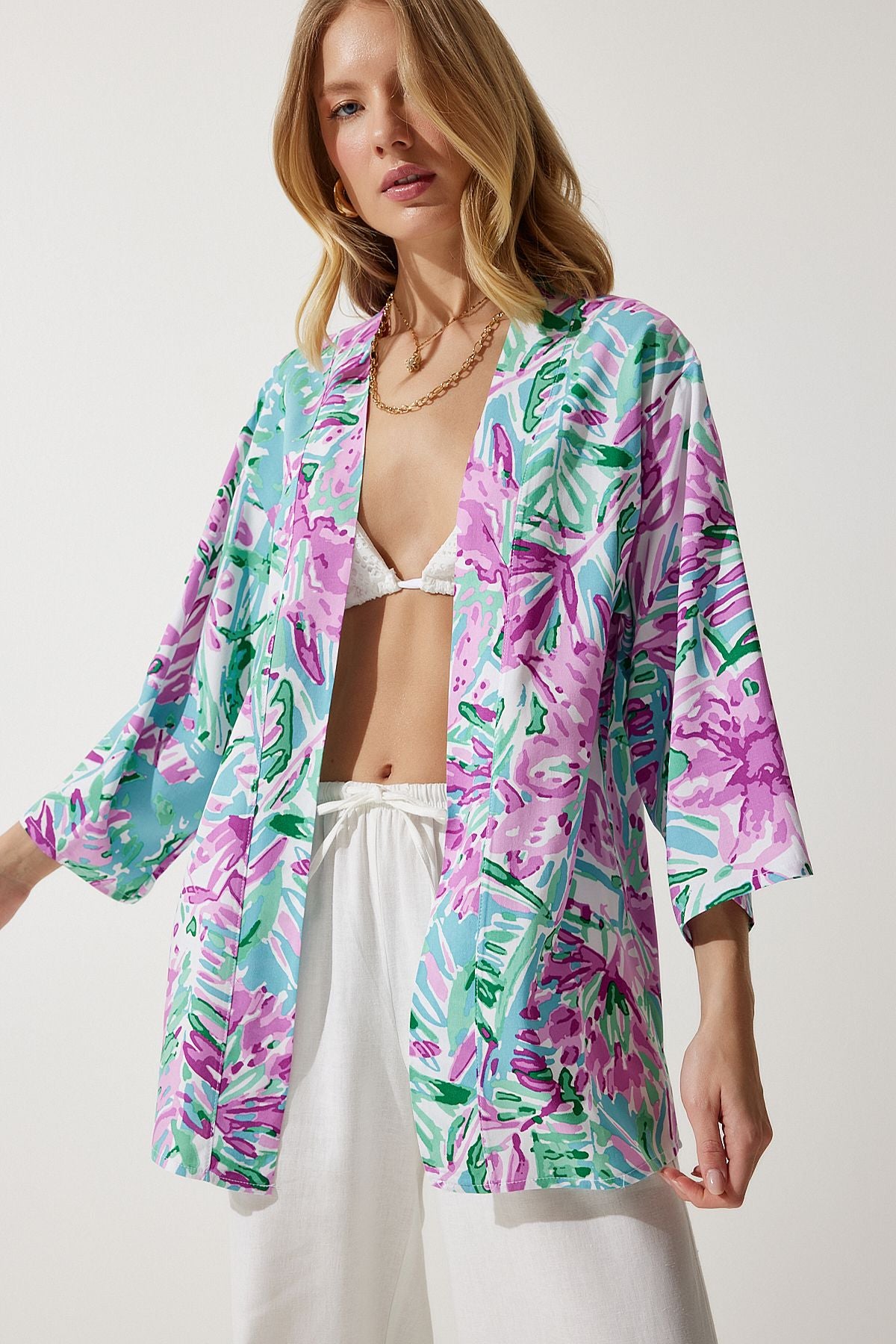 Female Cagla Green Pink Patterned Viscose Kimono EN00615
