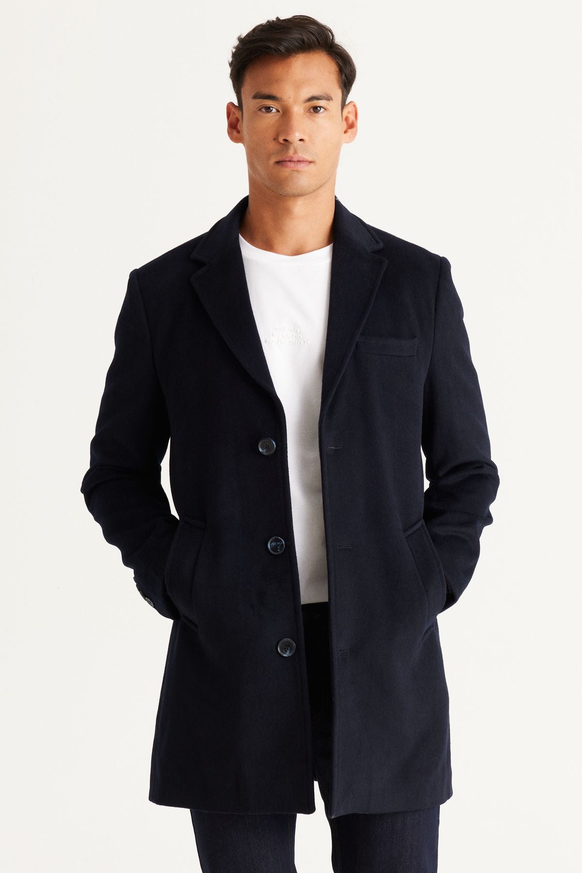 Men's navy blue standard fit normal cutting mono collar woolen coat