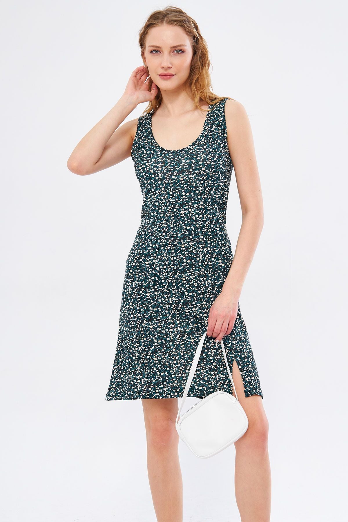 Female Black Ikosidio Dress Sitting on the Body Sleeveless Front Slit Mini Size ARM-24Y001045