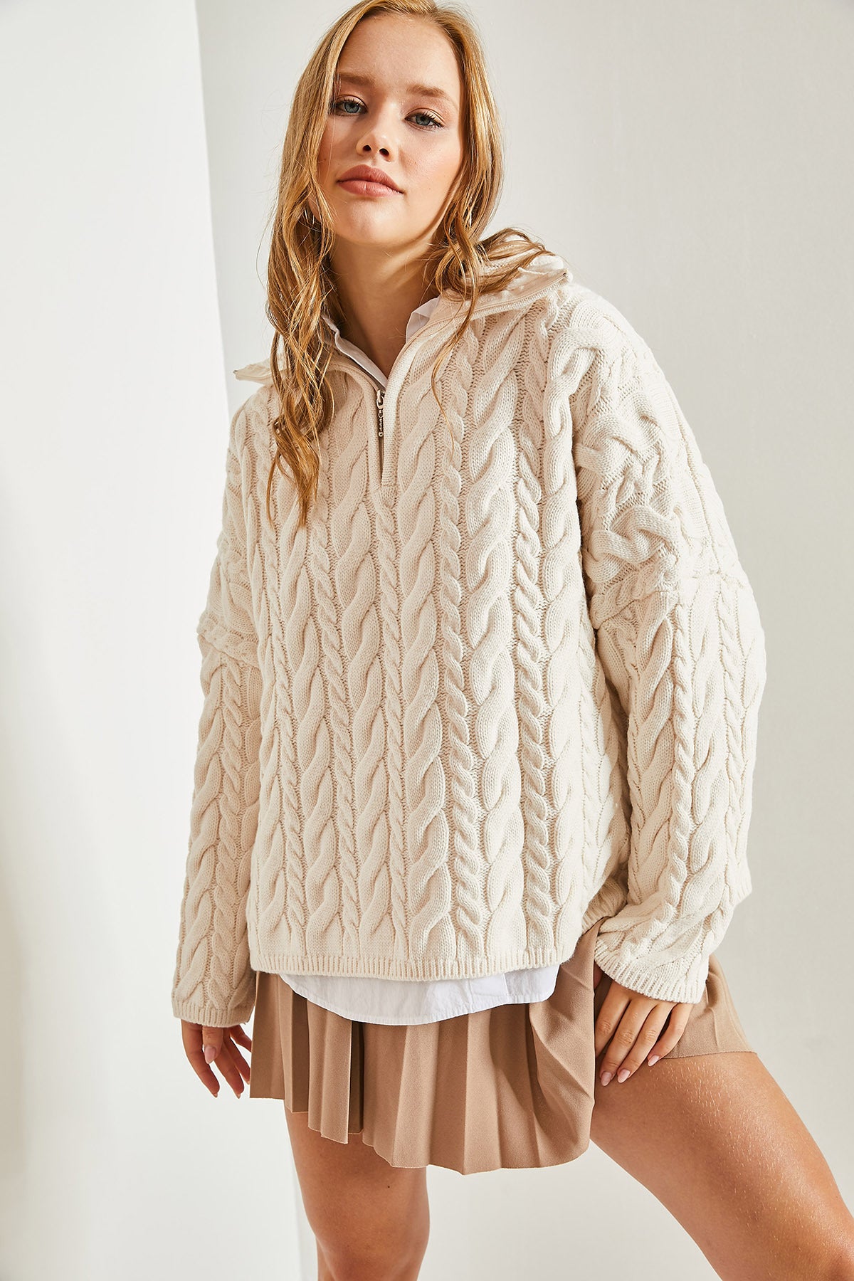 Women's Turtleneck Zippered Patterned Knitwear Sweater 40931017