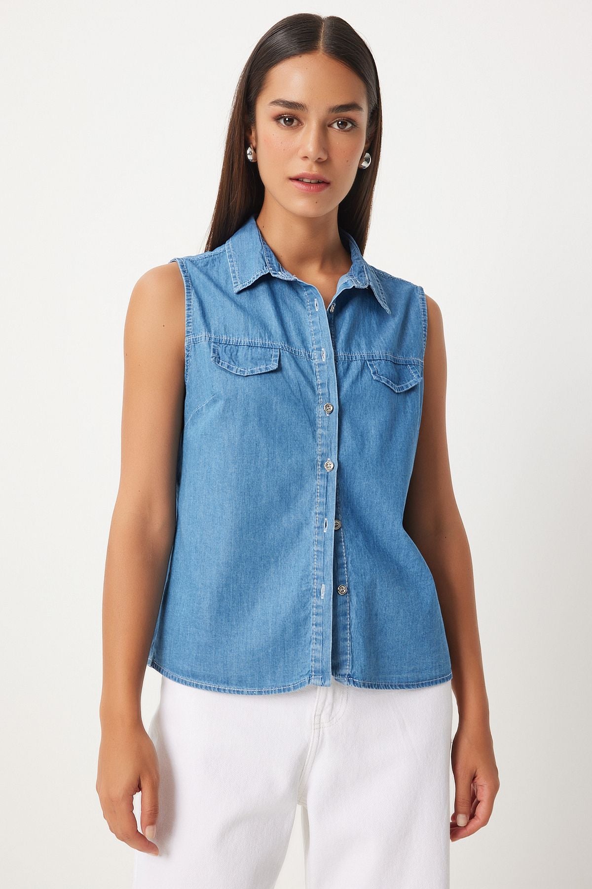 Women's Blue Pocket Cover Denim Vest DD01332