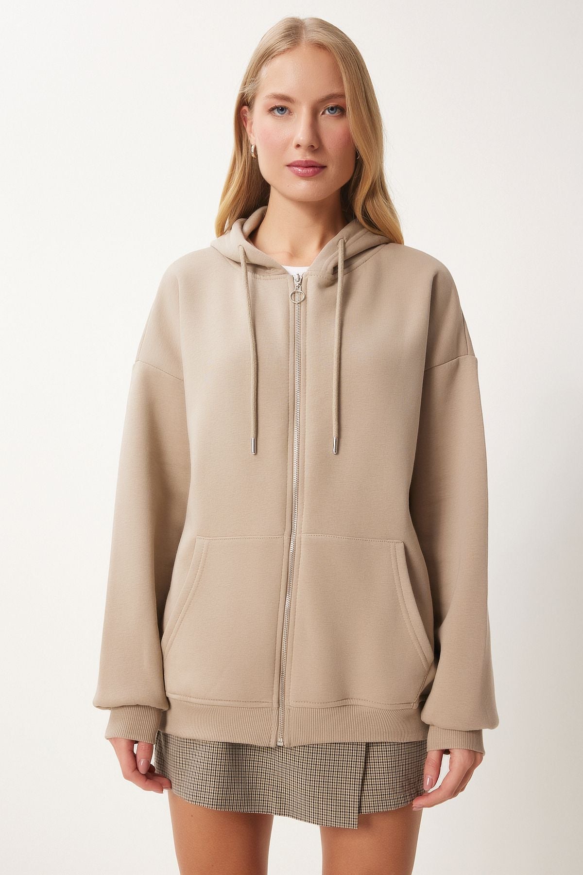Female Beige Hooded Zipper Oversize Sweatshirt UB00124