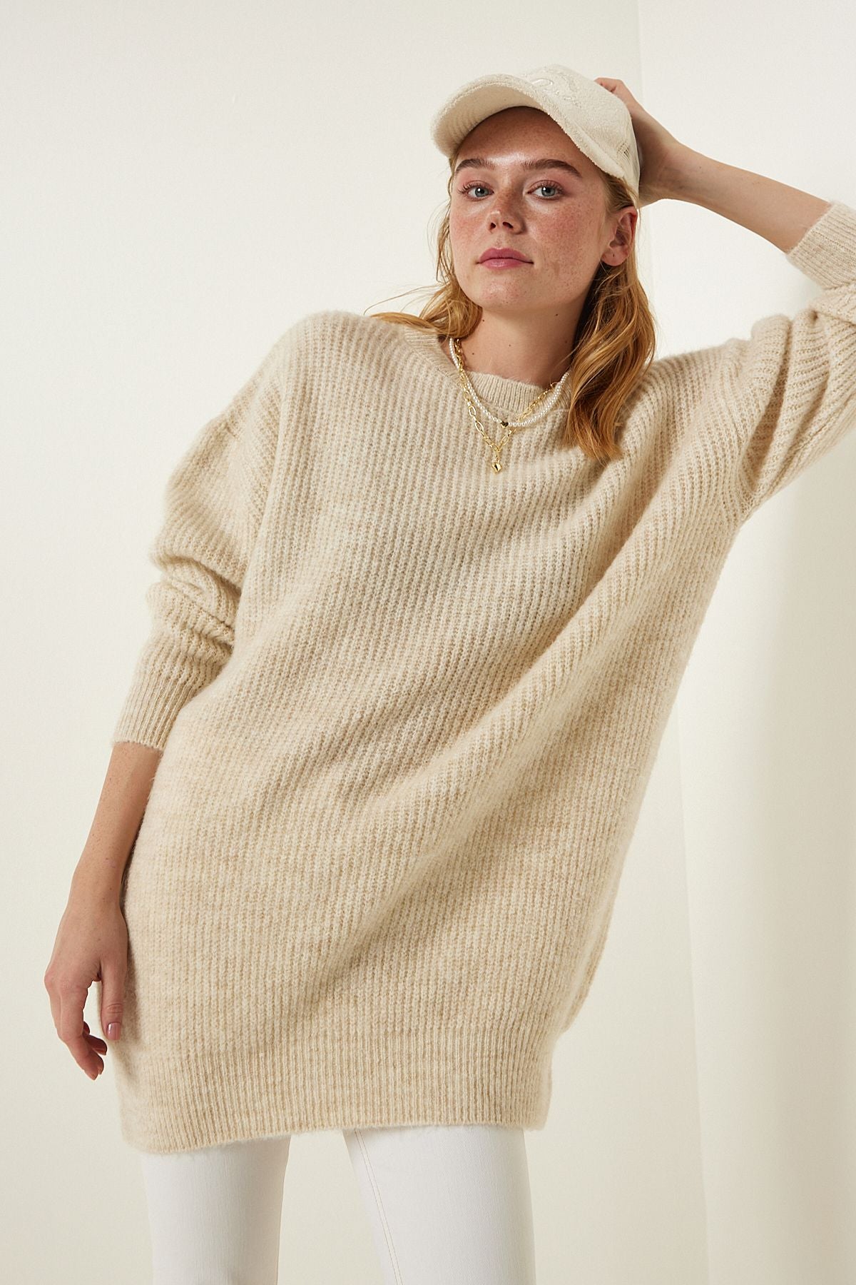 Cream Oversize Long Basic Knitwear Sweater BV00099