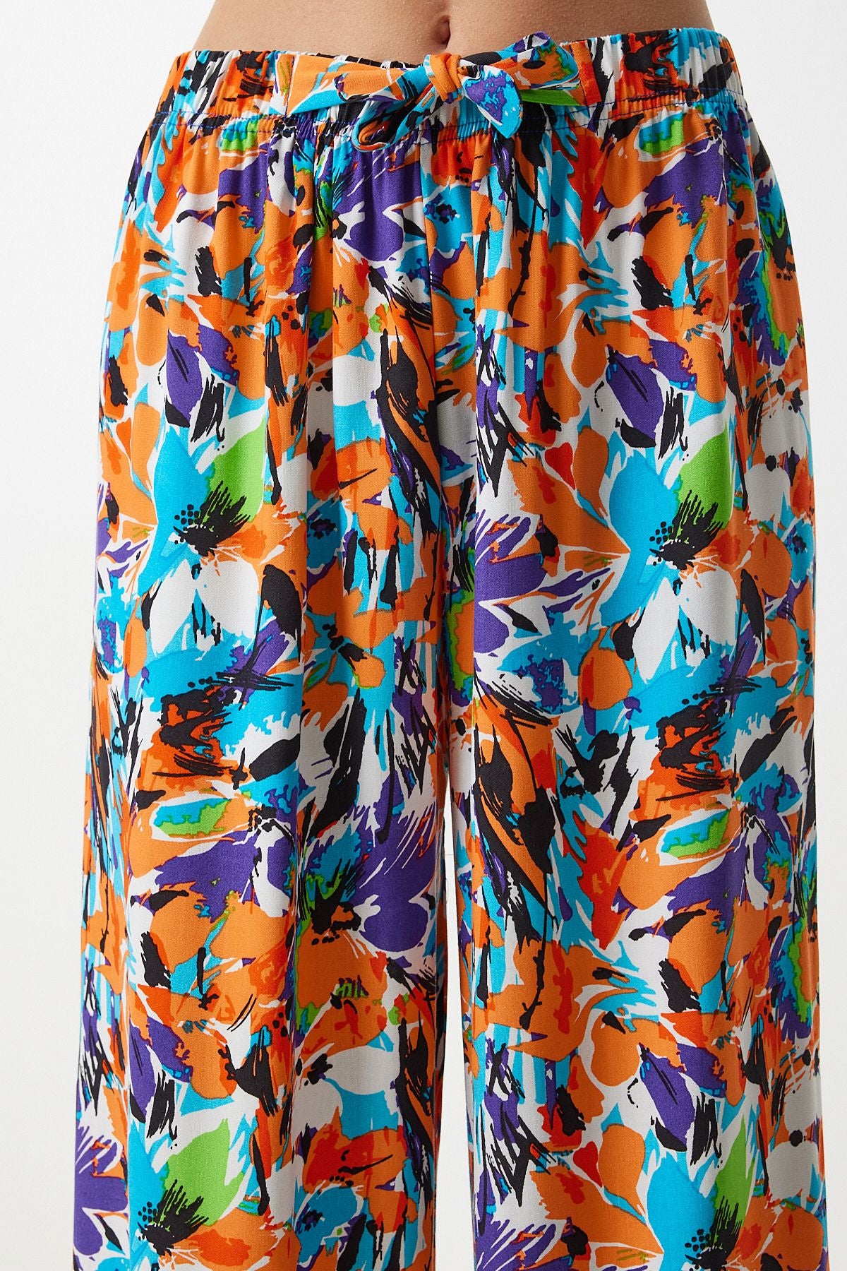 Woman Sky Blue Orange Patterned Viscose Palazzo Pants EN00606