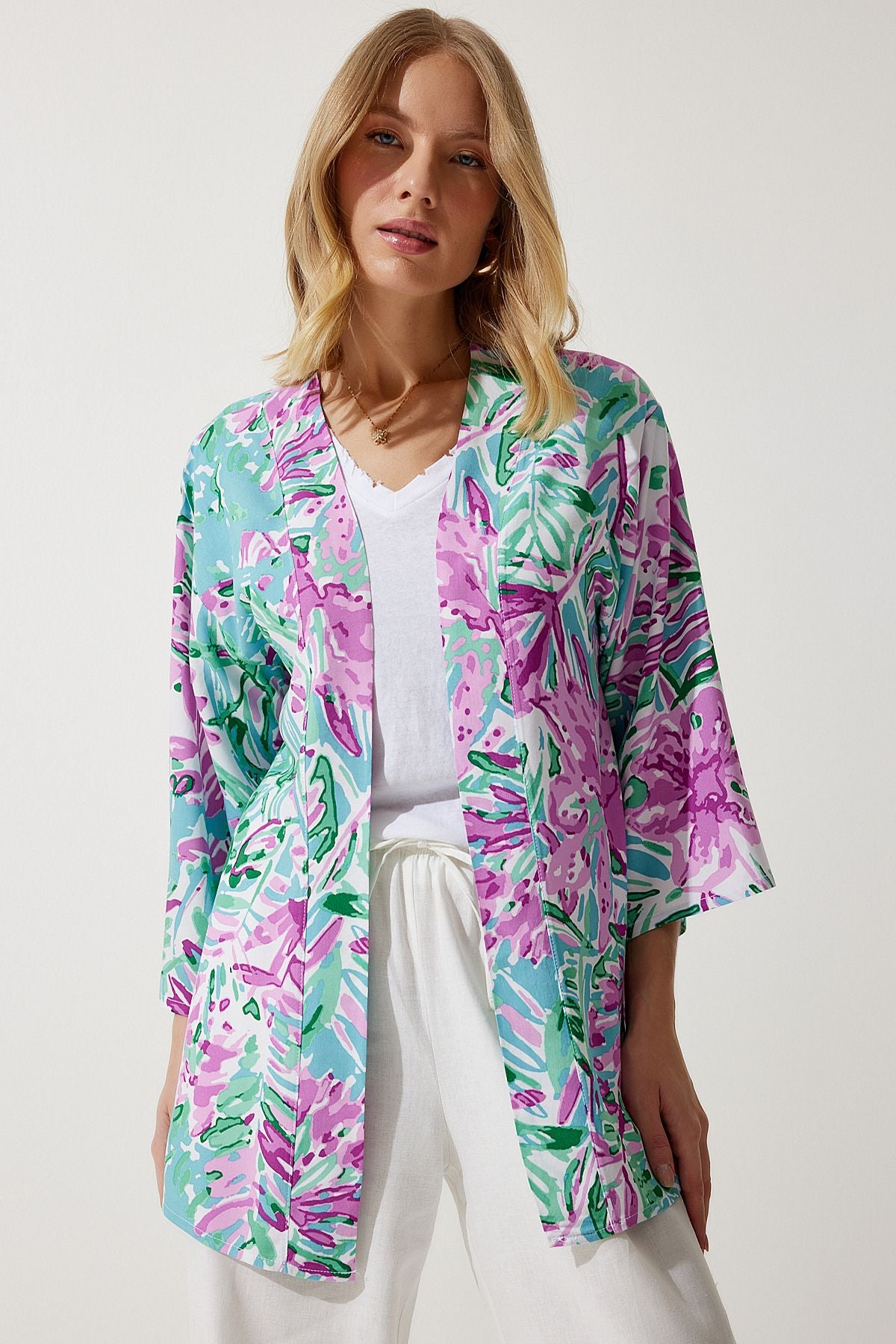 Female Cagla Green Pink Patterned Viscose Kimono EN00615