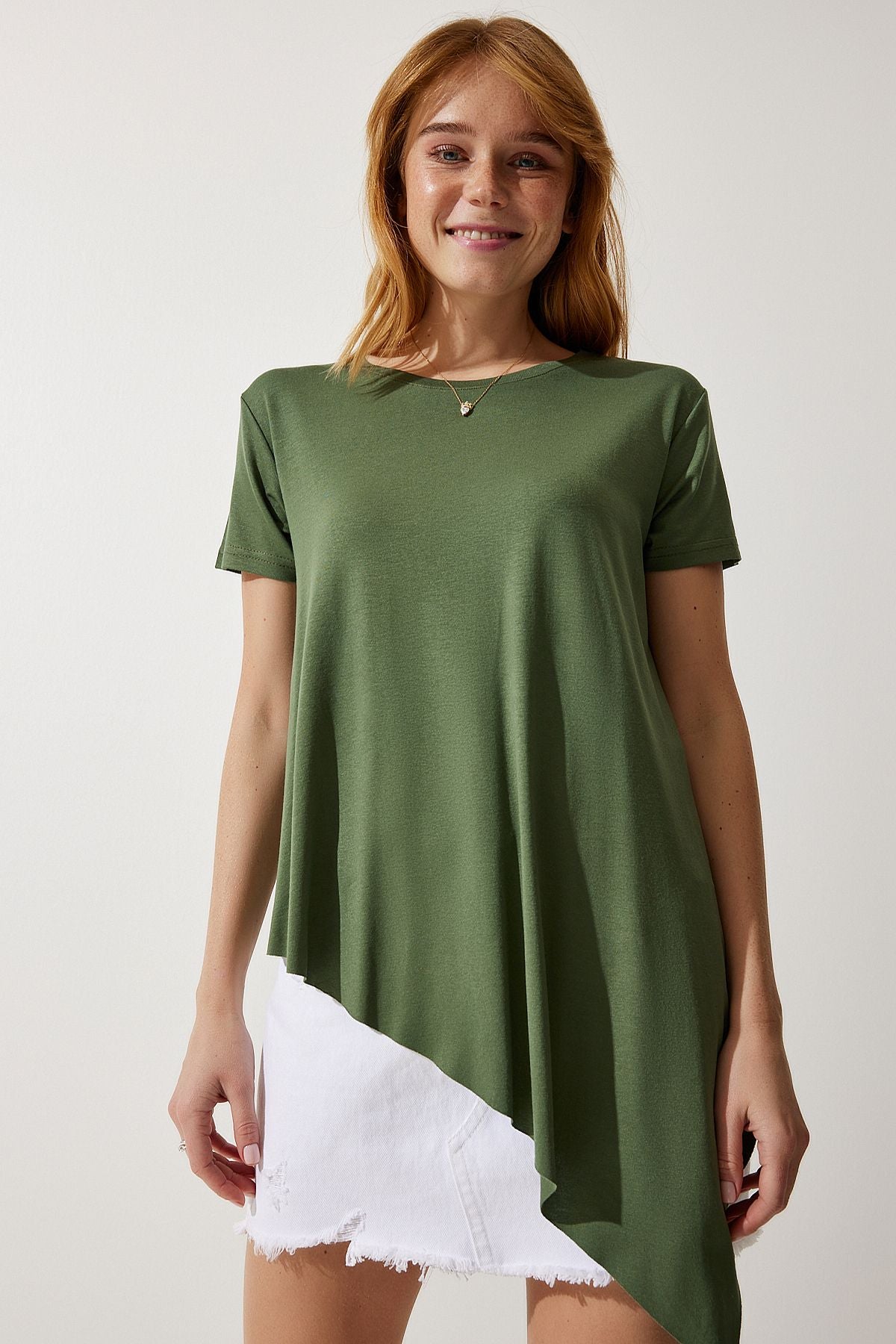 Woman Khaki Asymmetric Viscose Knitting T-Shirt EN00599