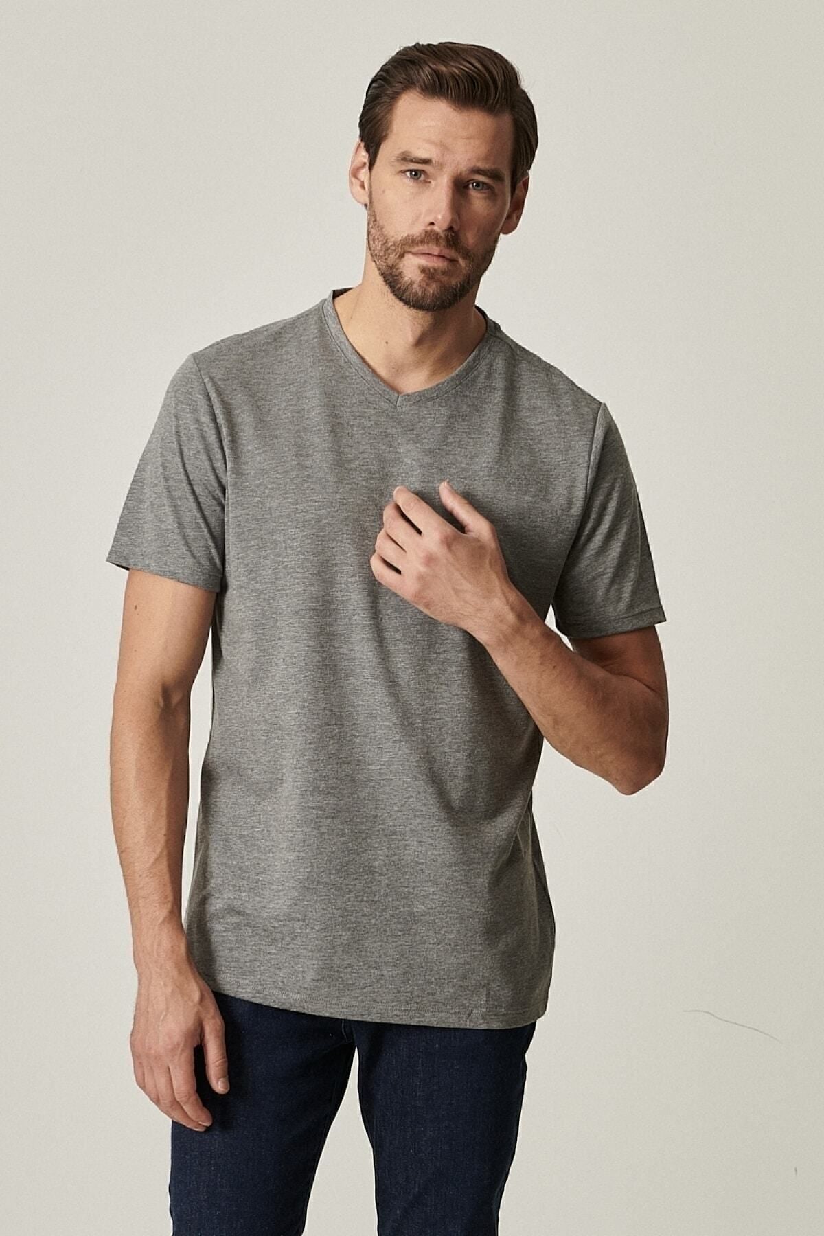 Men's Gray Slim Fit Narrow Cut V -Yaka 2 Piece T -shirt package