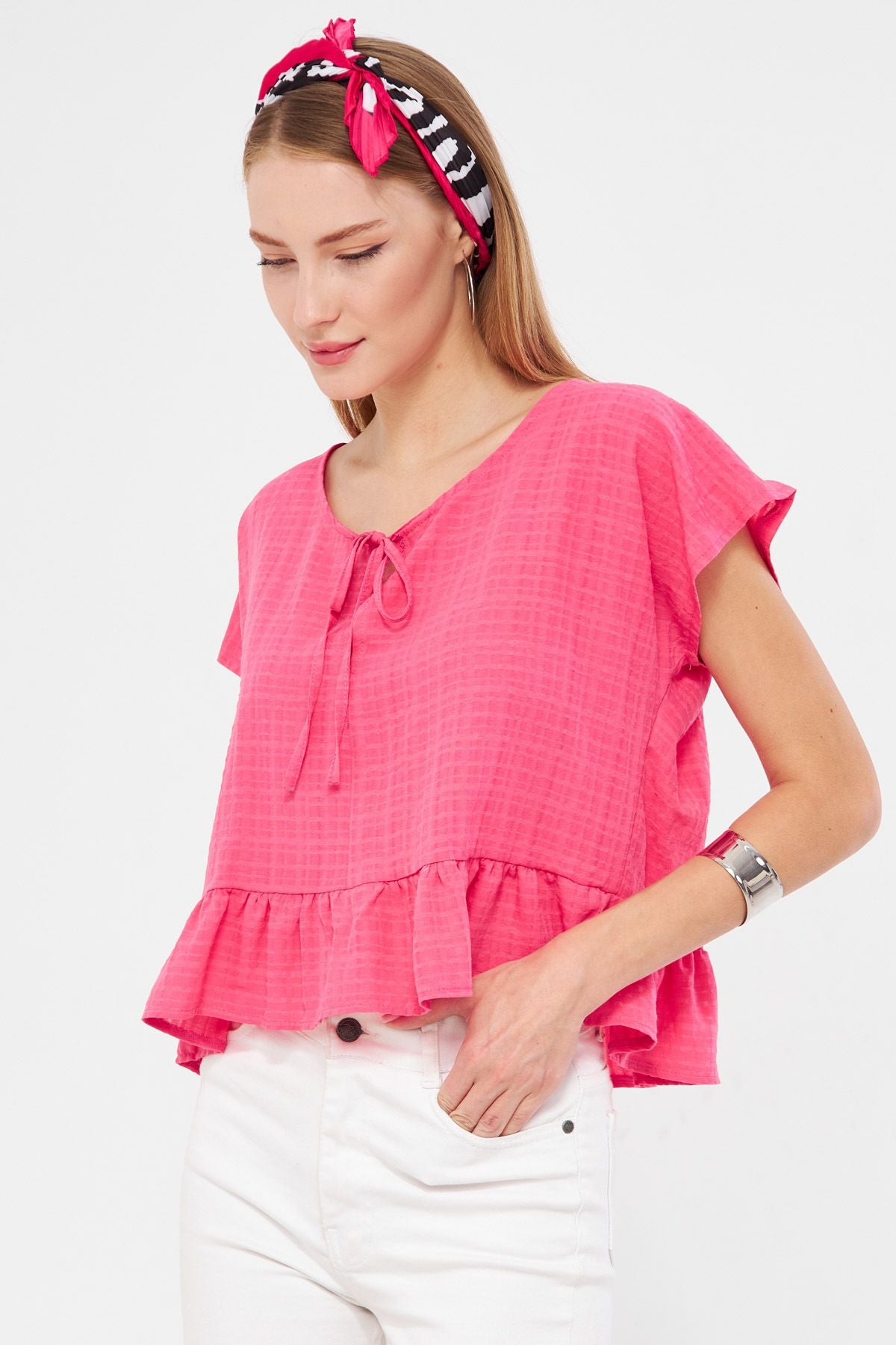 Women's Fuchsia Bat Arm collar connecting skirt with frilly overwheeling Crop blouse ARM-24Y001088