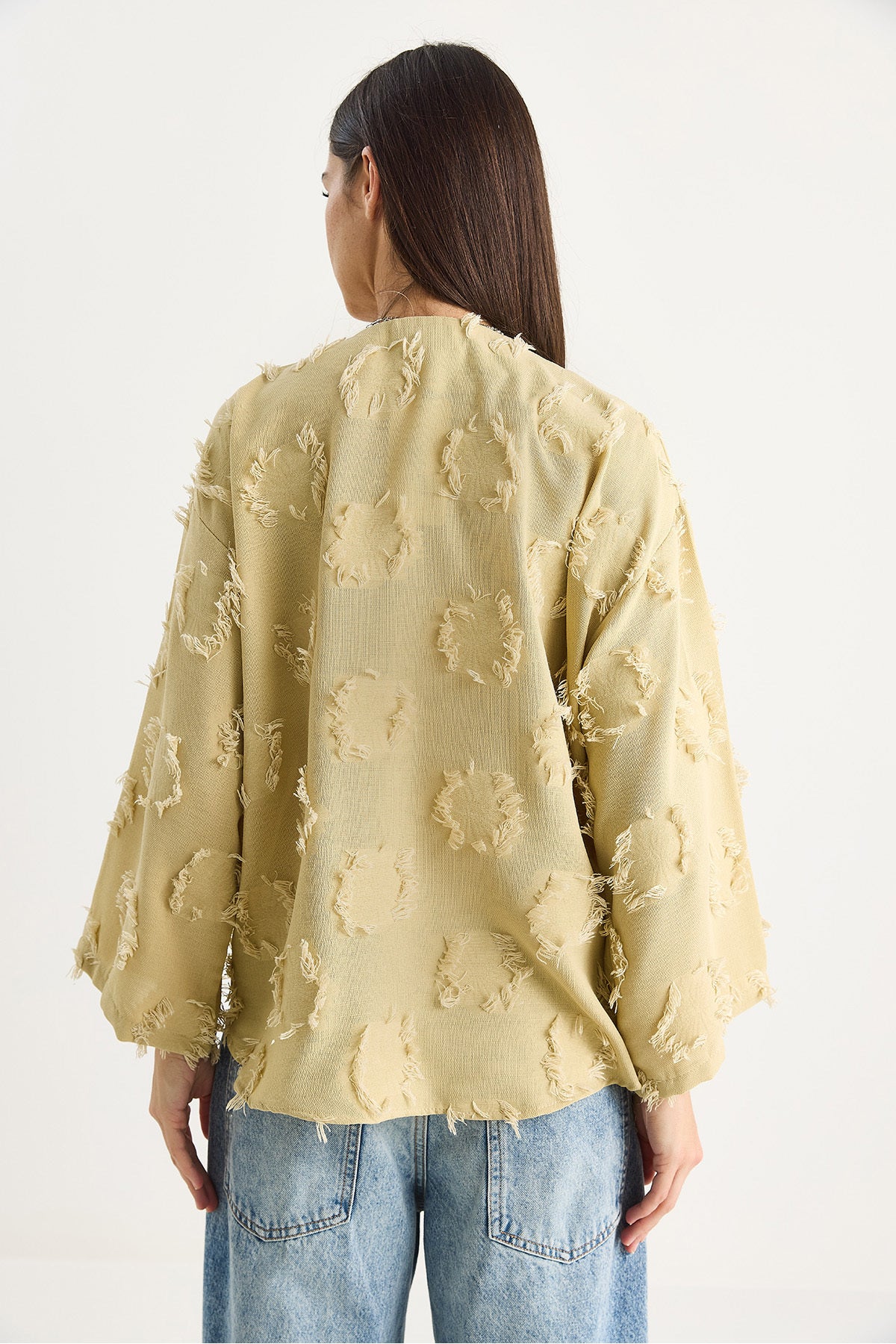 Women's Tie-Front, Self-Embroidered Tasseled Loose Kimono 7012-2 60283410