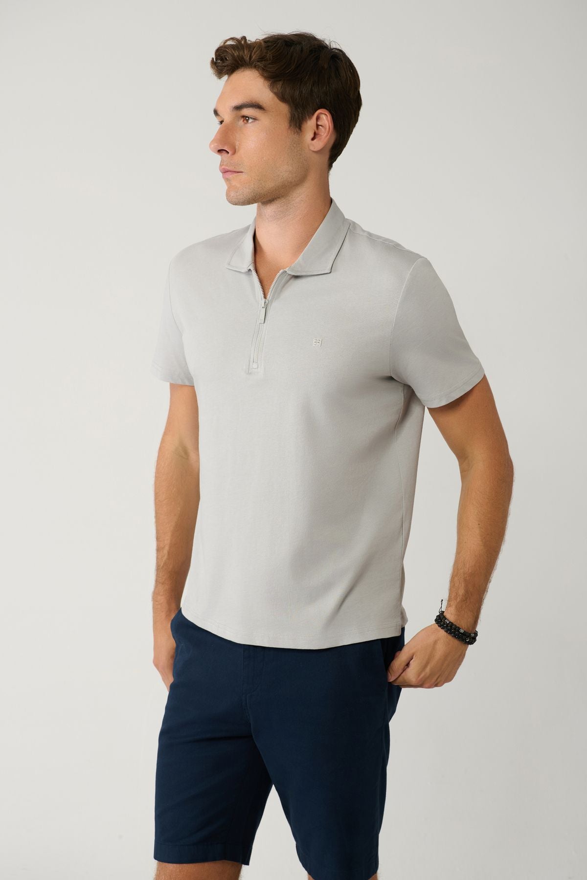 Men's Gray 100 %Cotton Zippered Polo Yaka T-shirt E001034