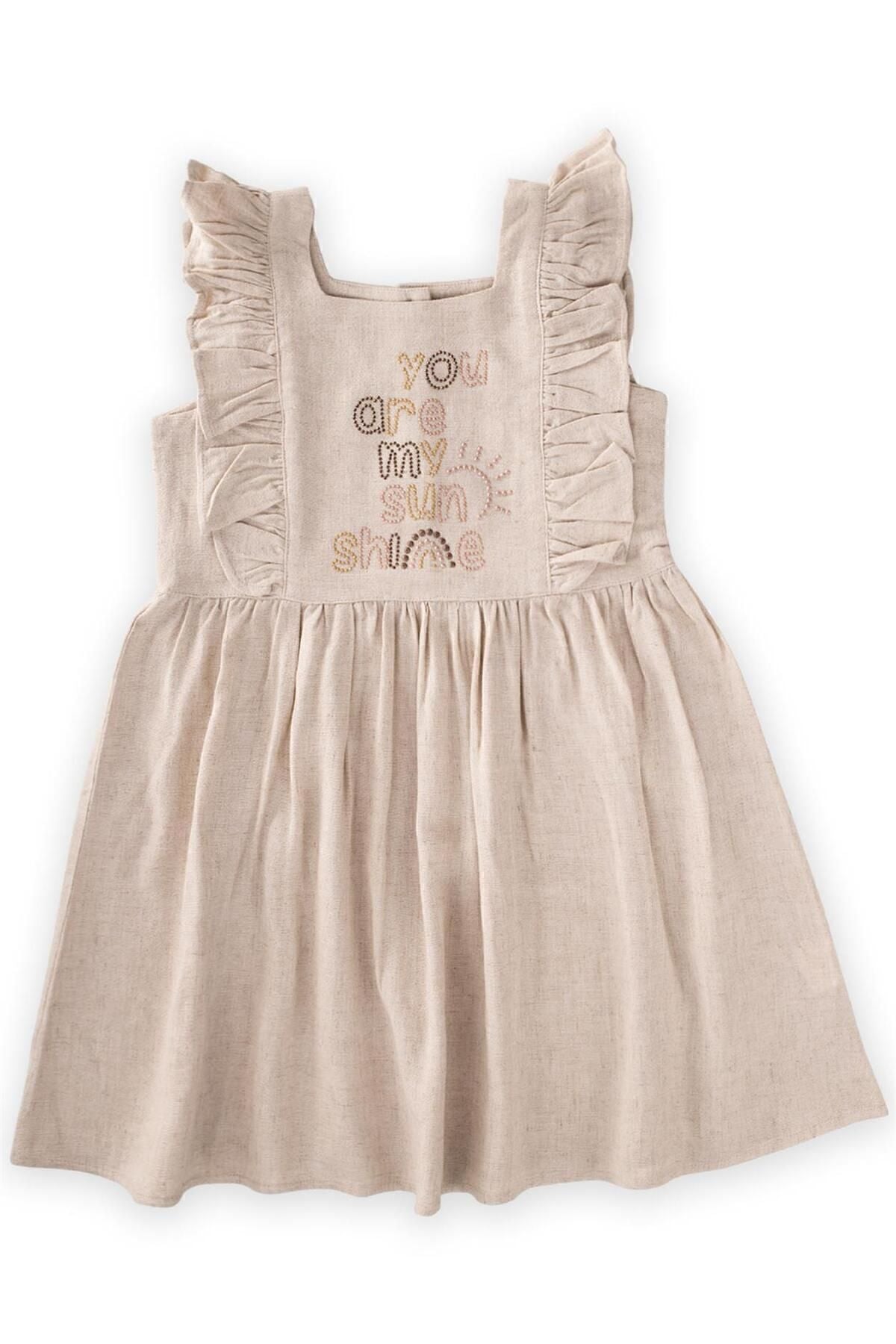 Square Neck Writing Stone Linen Dress 2-7 Age Naturel