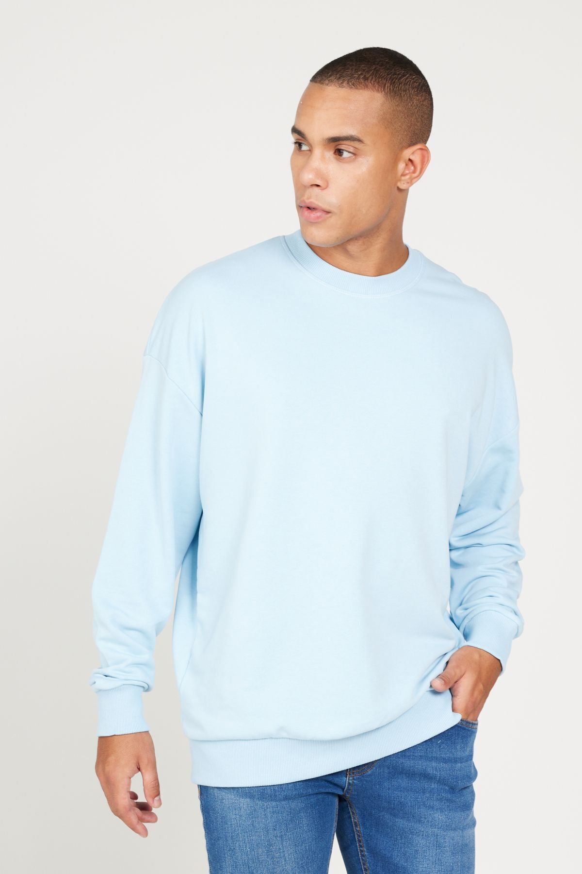 Men's Light Blue Oversize Plenty Cutting 3 IP Bicycle collar Cotton Sweatshirt