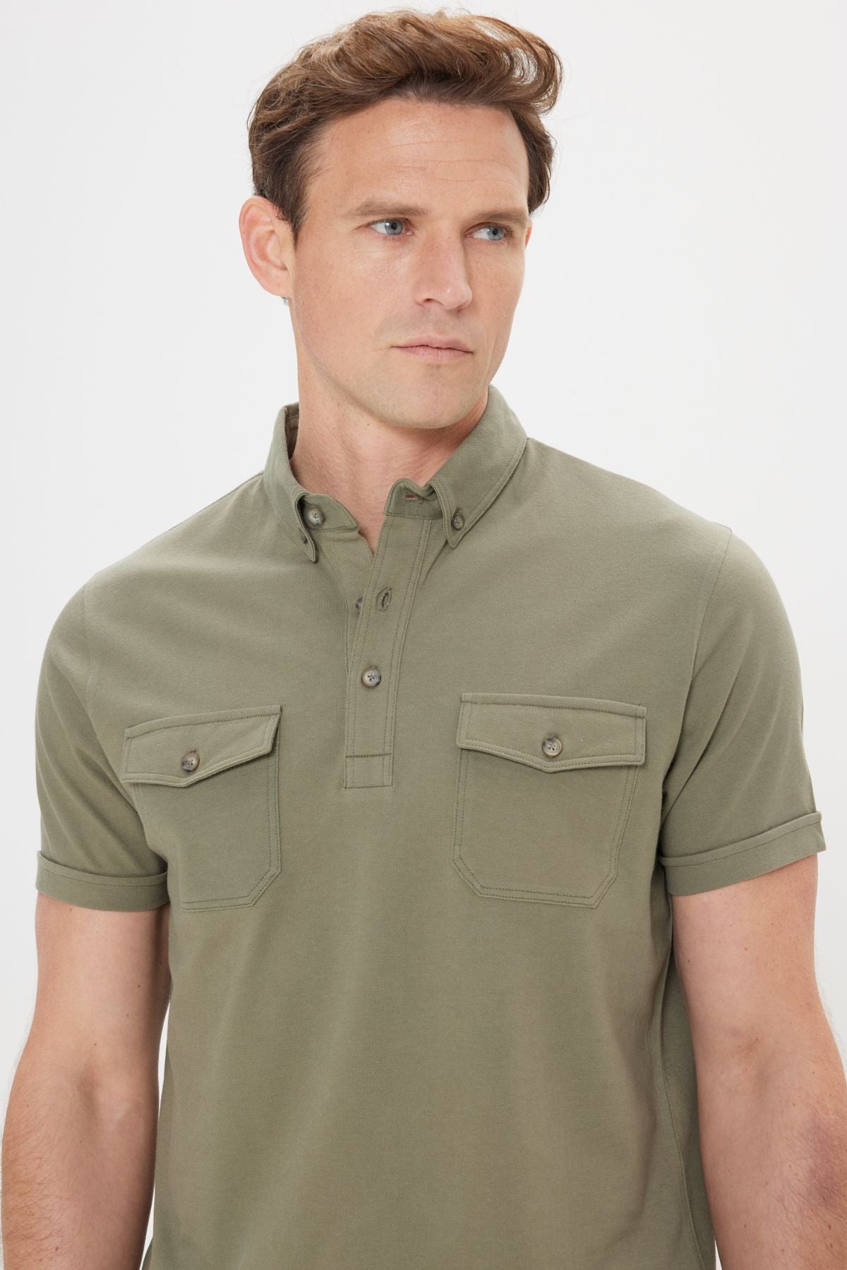 Male Khaki 100 %Cotton Slim Fit Narrow Cut Polo Yaka T -shirt