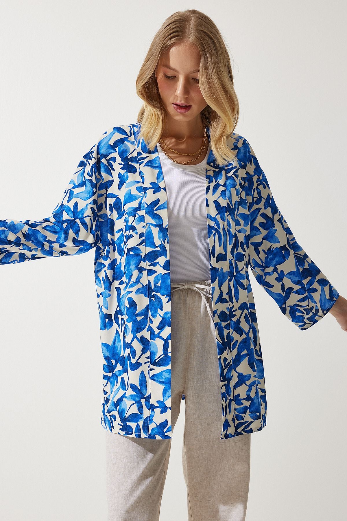 Female Blue Patterned Viscose Kimono EN00615