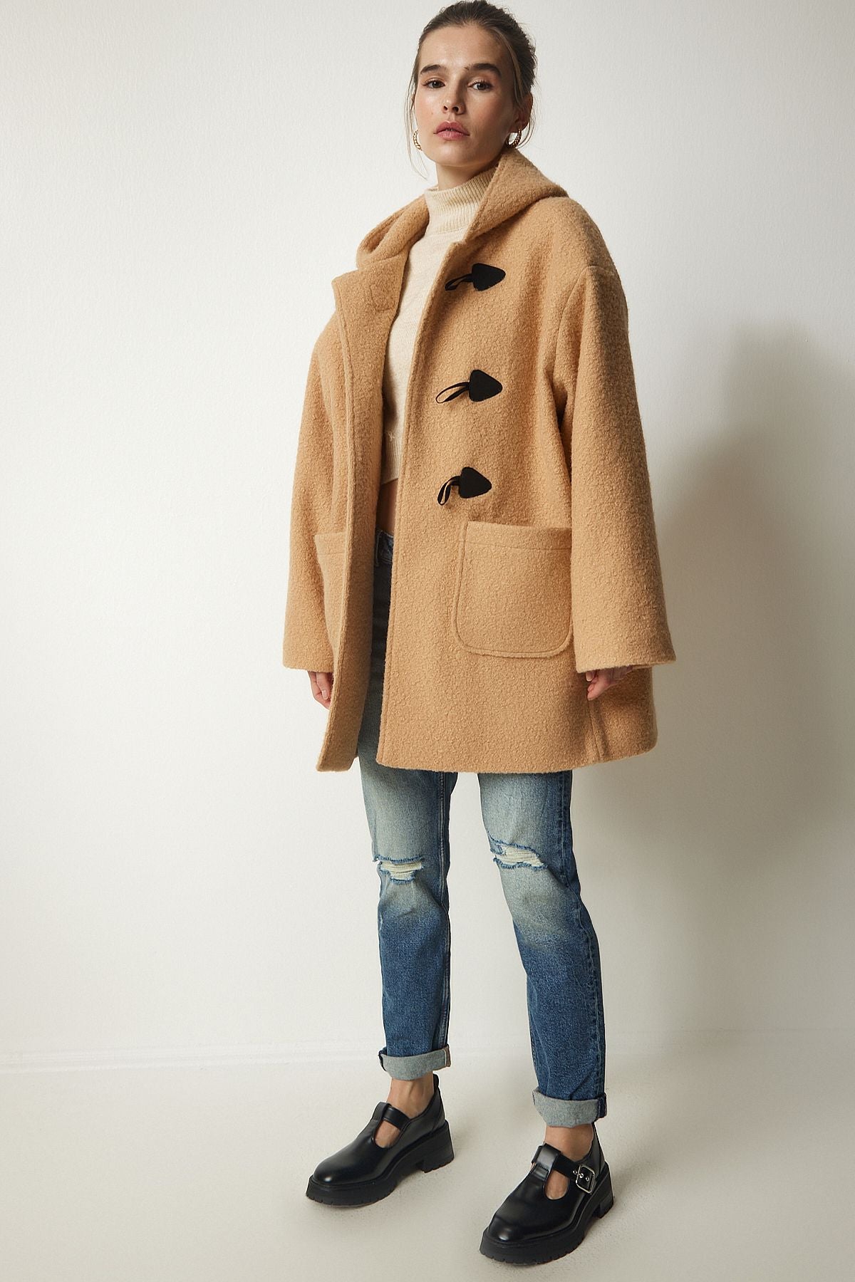 Female Biscuit Shepherd Buttoned Hooded Bouquet Coat to00117