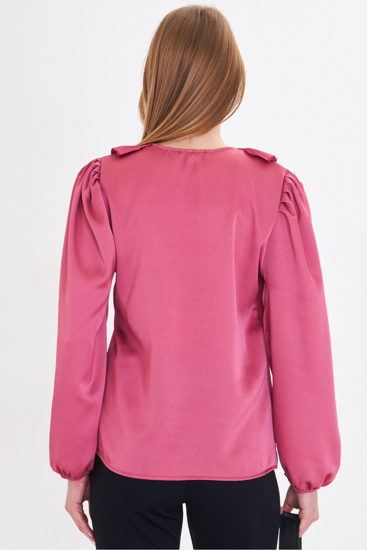 Woman Dark Pink collar frilled shoulder shirred arm tire cotton satin blouse ARM-22K001059