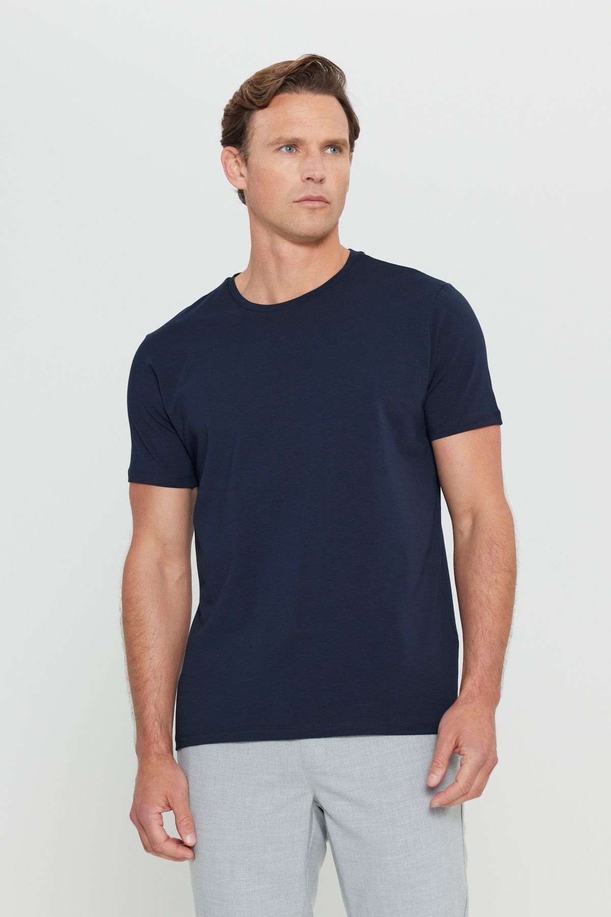 Men's navy blue 360 degrees stretching in all directions slim fit narrow cut bike bike collar t -shirt
