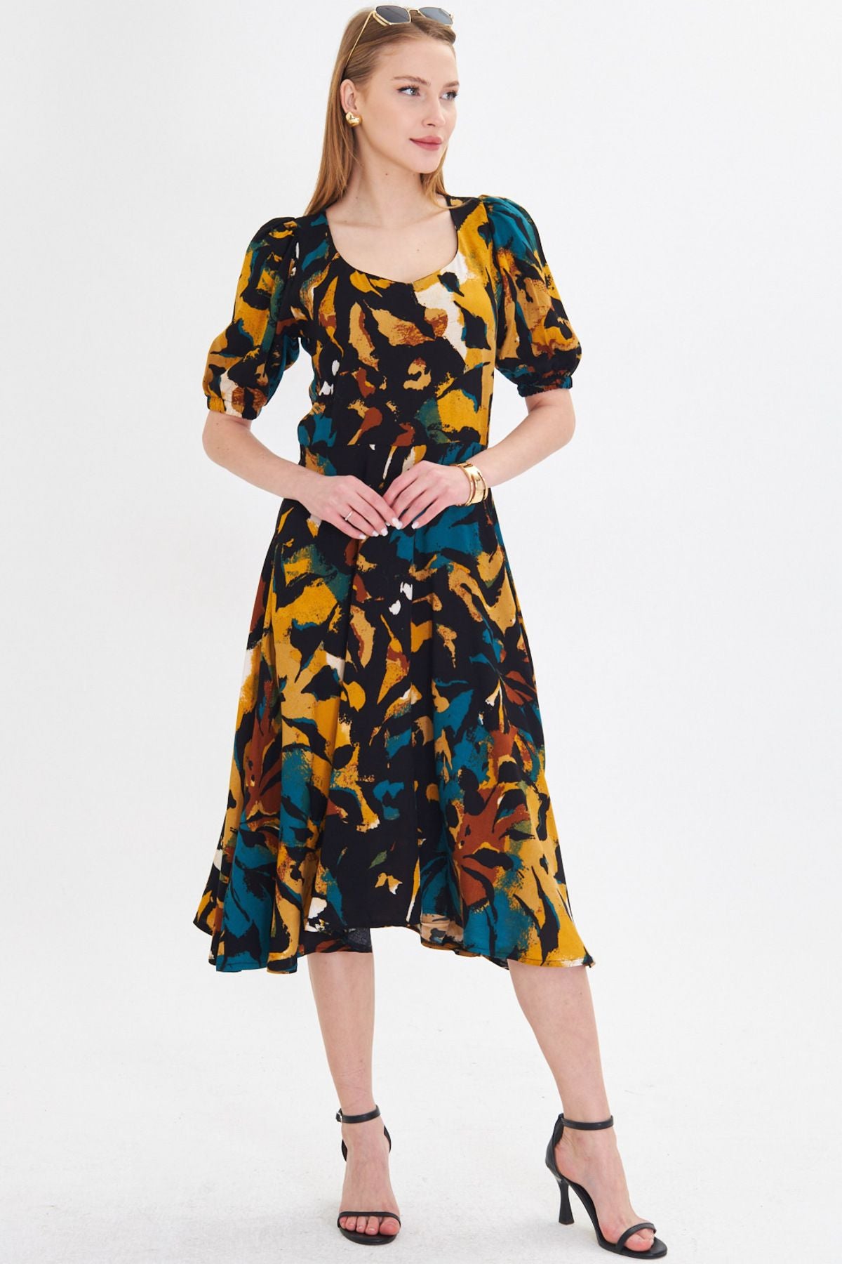 Female mustard u collar arms with rubber midi height height dress ARM-25Y001004