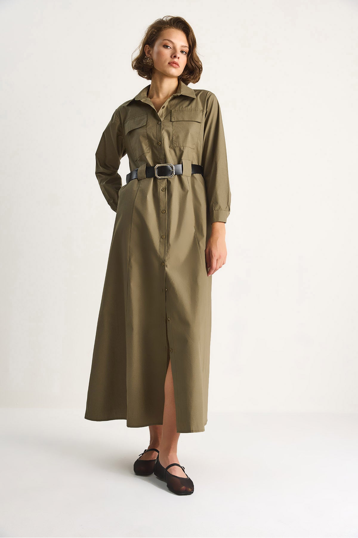 Women's Button Closure Pocket Detailed Belted Shirt Dress 60284073