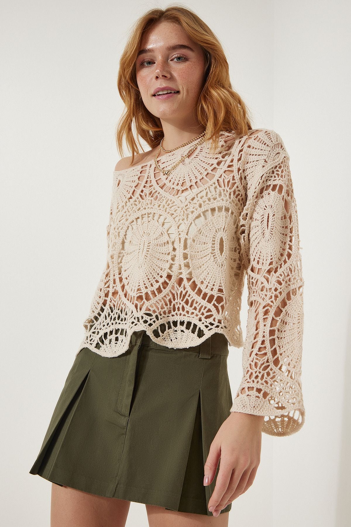 Women's Cream Lace Knitting Seasonal Triko Blouse ES00141