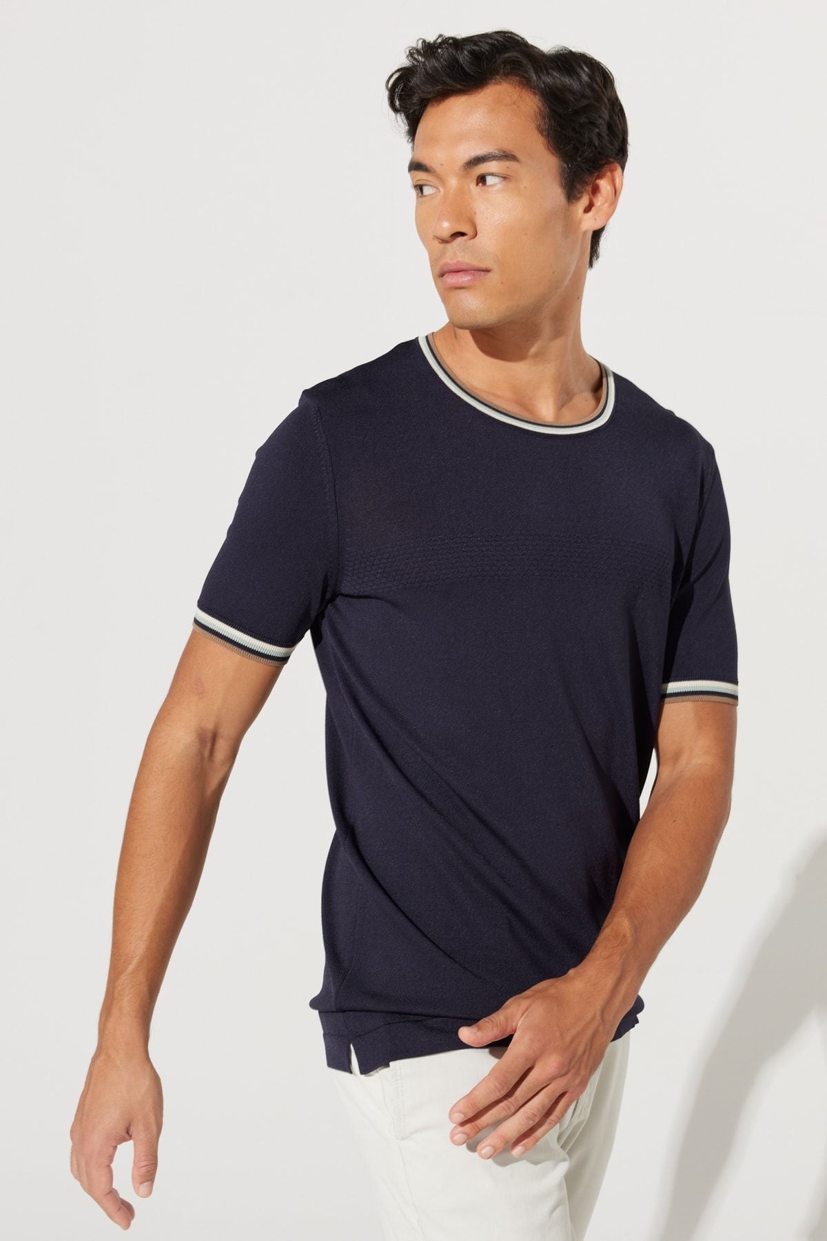 Men's navy blue standard fit normal cut bike collar 100 %cotton striped knitwear T -shirt
