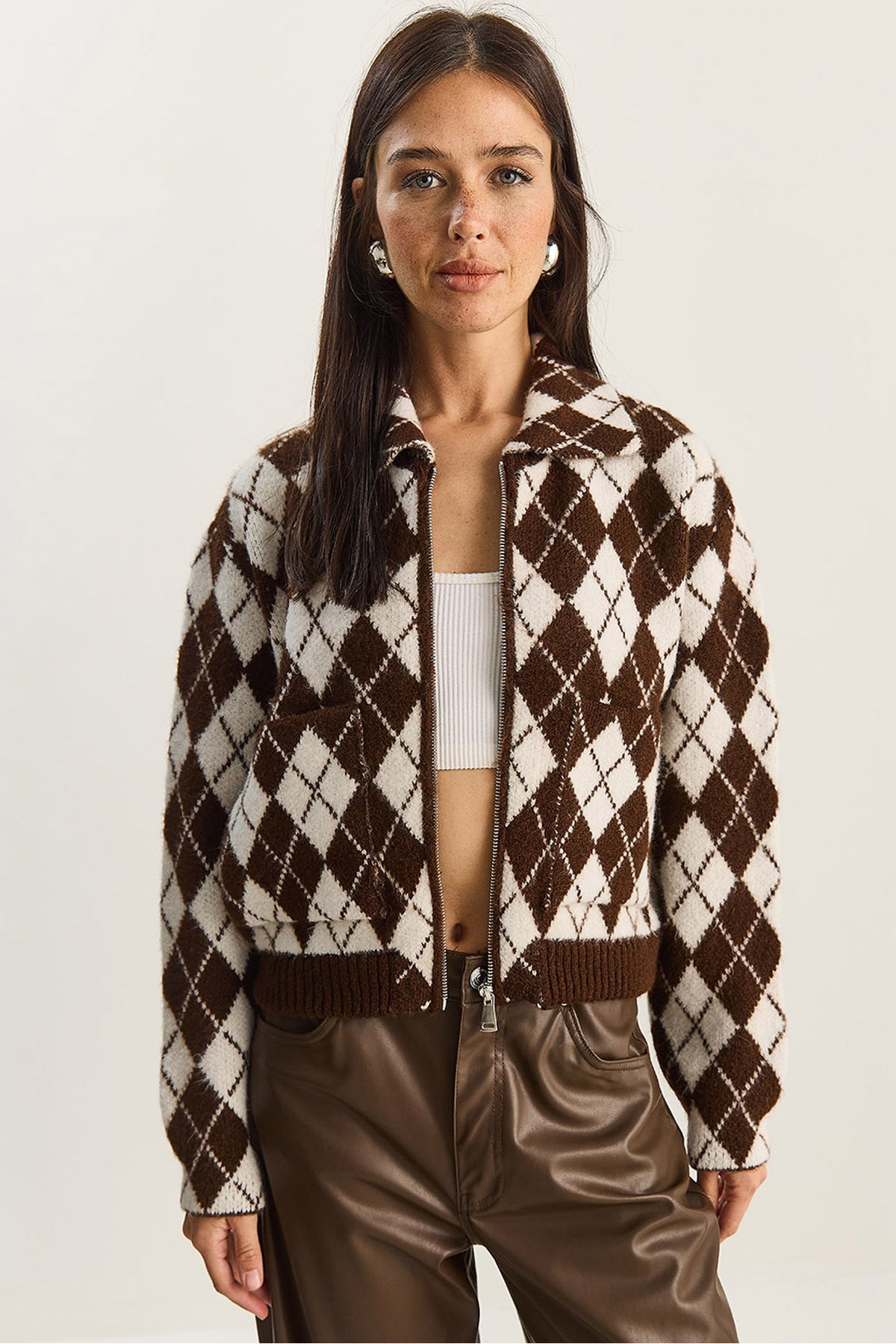 Women's Diamond Patterned Collared Zippered Knitwear Cardigan 20251099