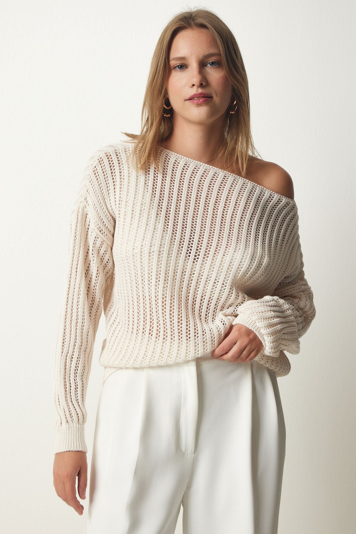 Women's Cream Kayak Yaka Occupational Knitwear Sweater YU00008
