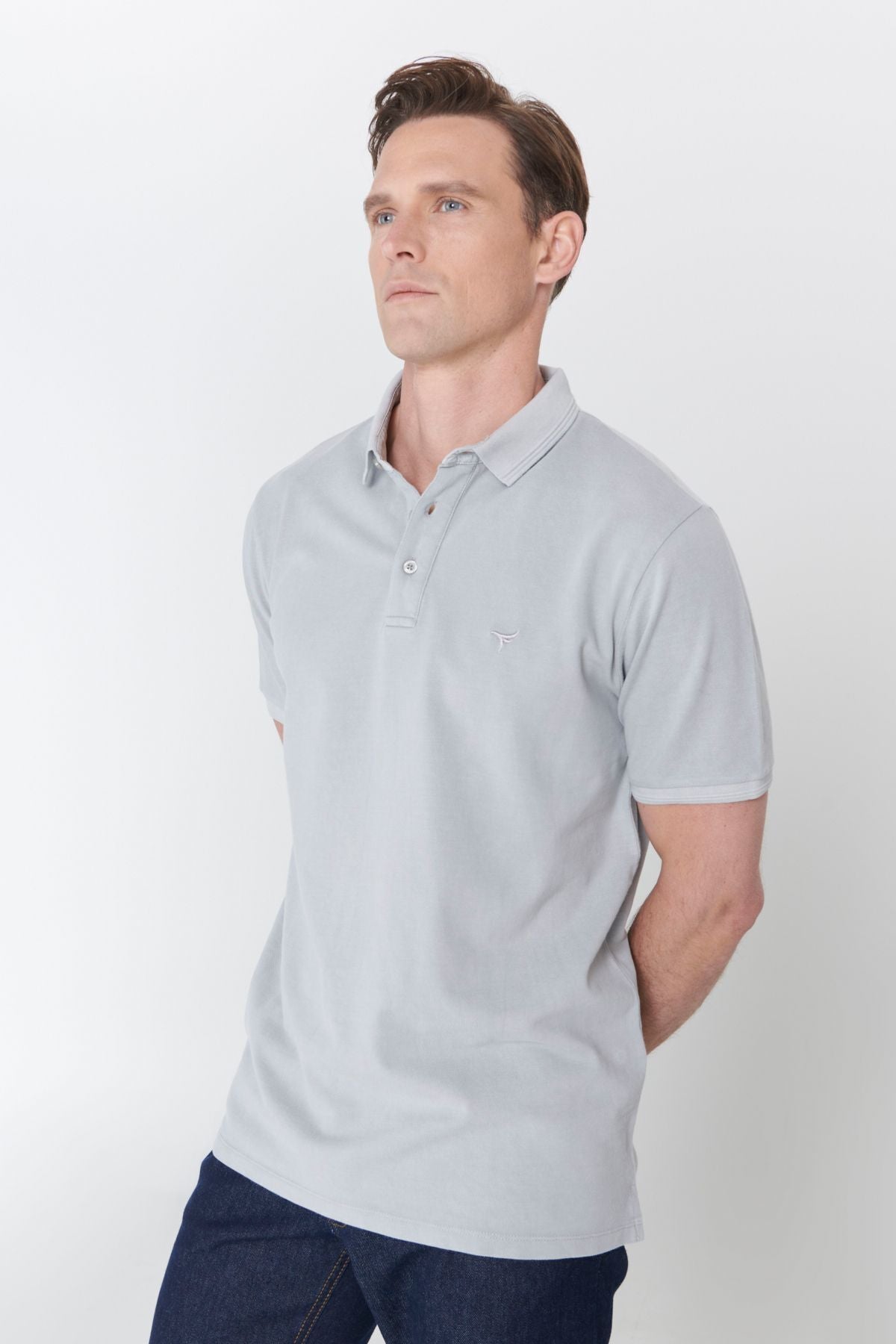 Men's gray slim fit narrow cut polo collar 100 %cotton patterned T -shirt