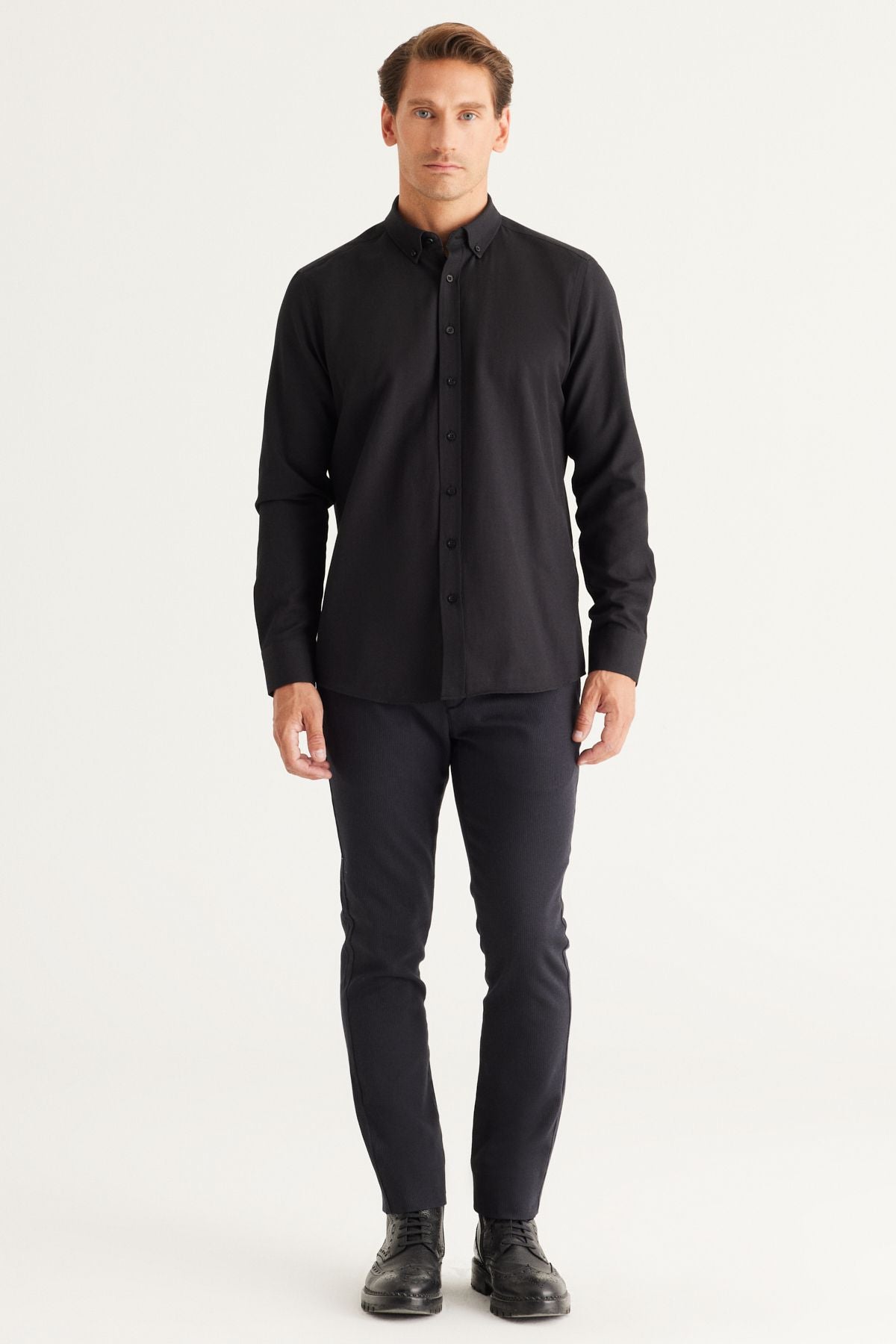 Men's Oxford Black button collar easy to ironed cotton slim fit narrow cut shirt