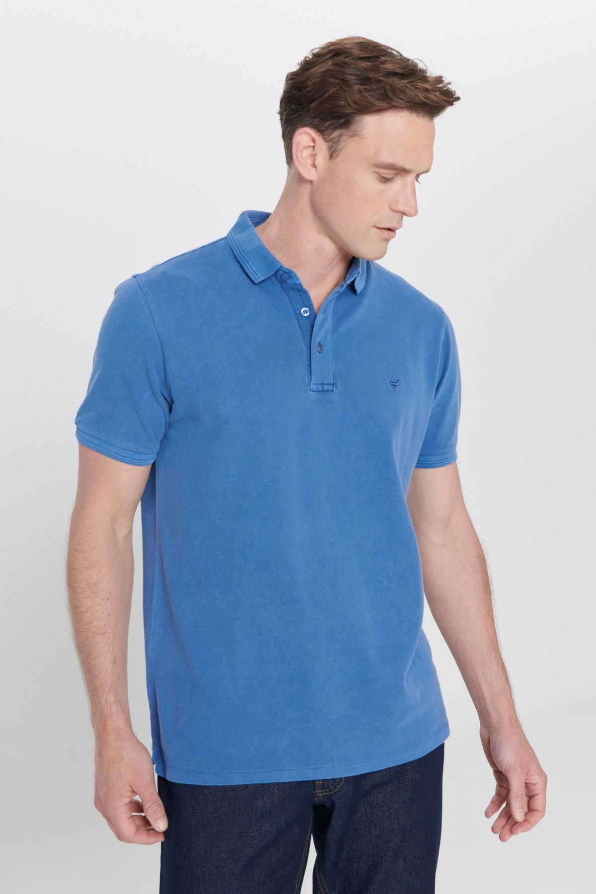 Men's Indigo slim fit narrow cut polo collar 100 %cotton patterned T -shirt