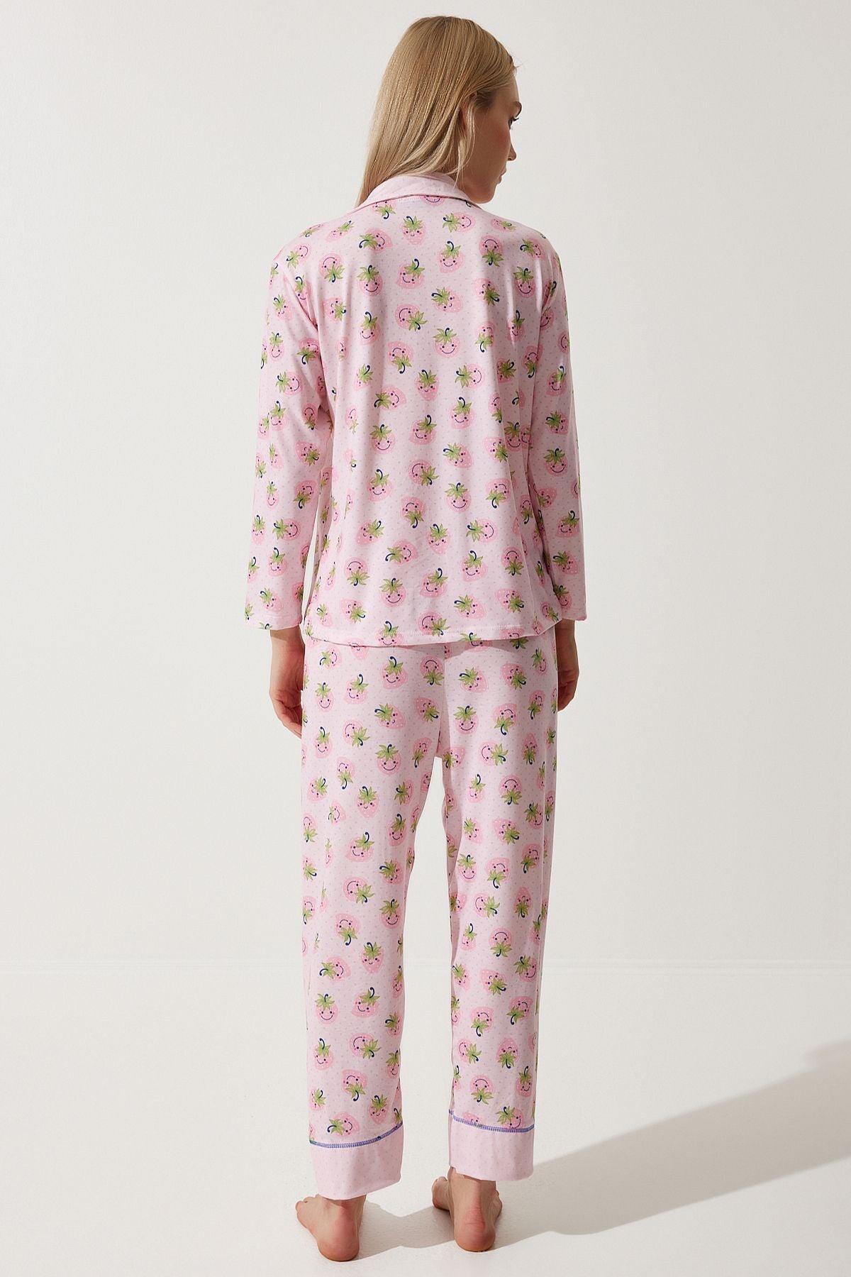 Woman Pink Patterned Shirt-Pantolone Knitting Pajama Set TK00092