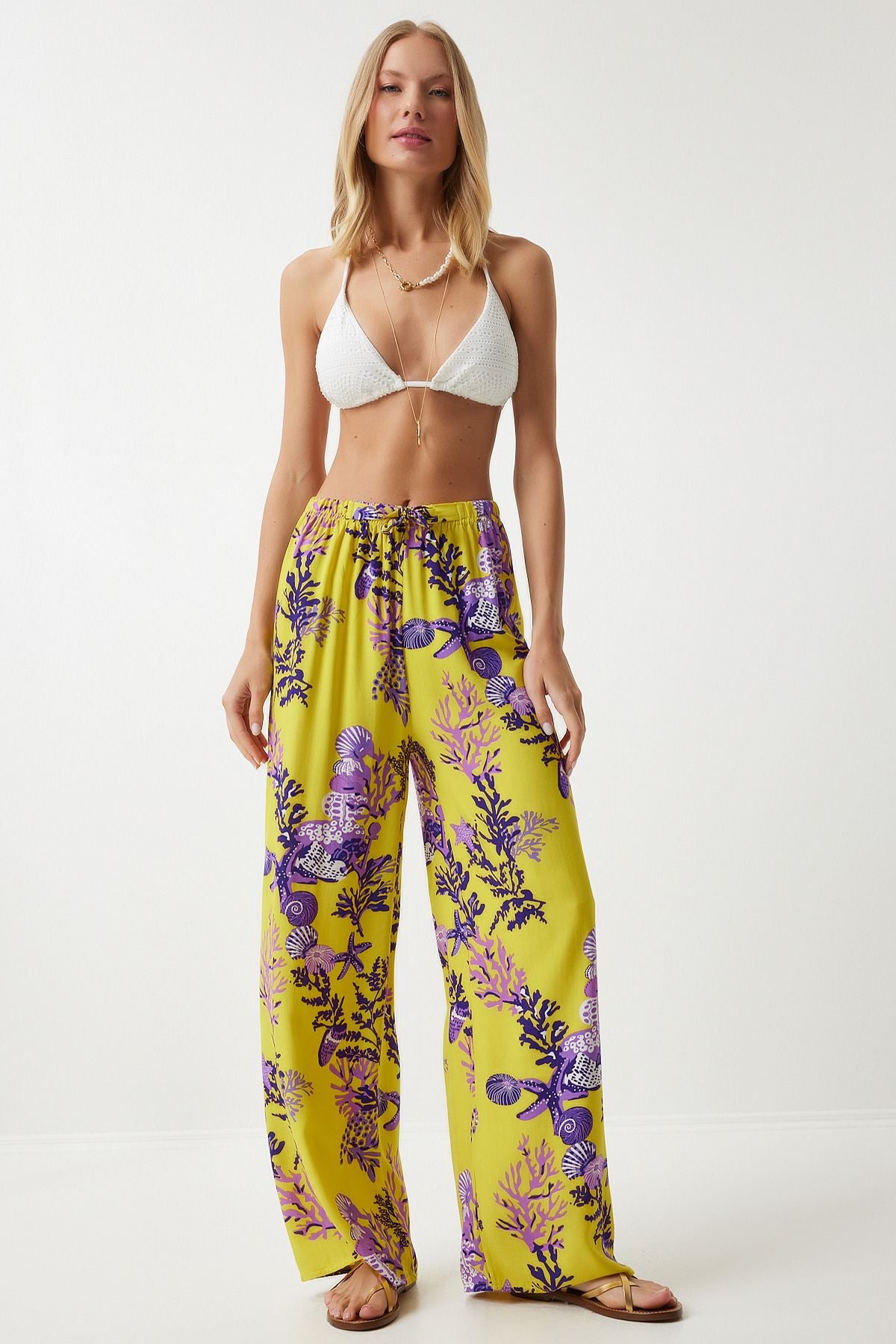 Woman Yellow Purple Patterned Viscose Palazzo Pants EN00606