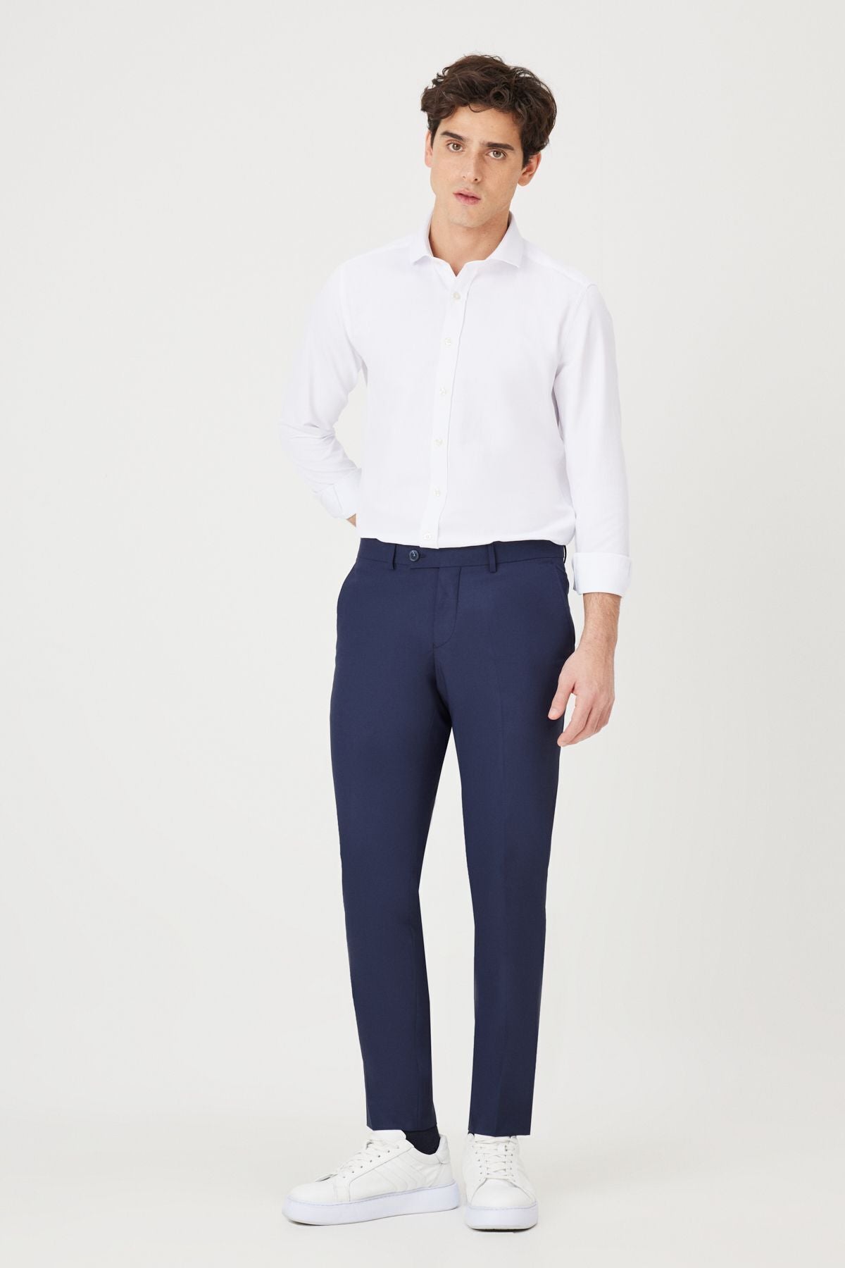 Men's navy blue slim fit narrow cut classic side pocket pants