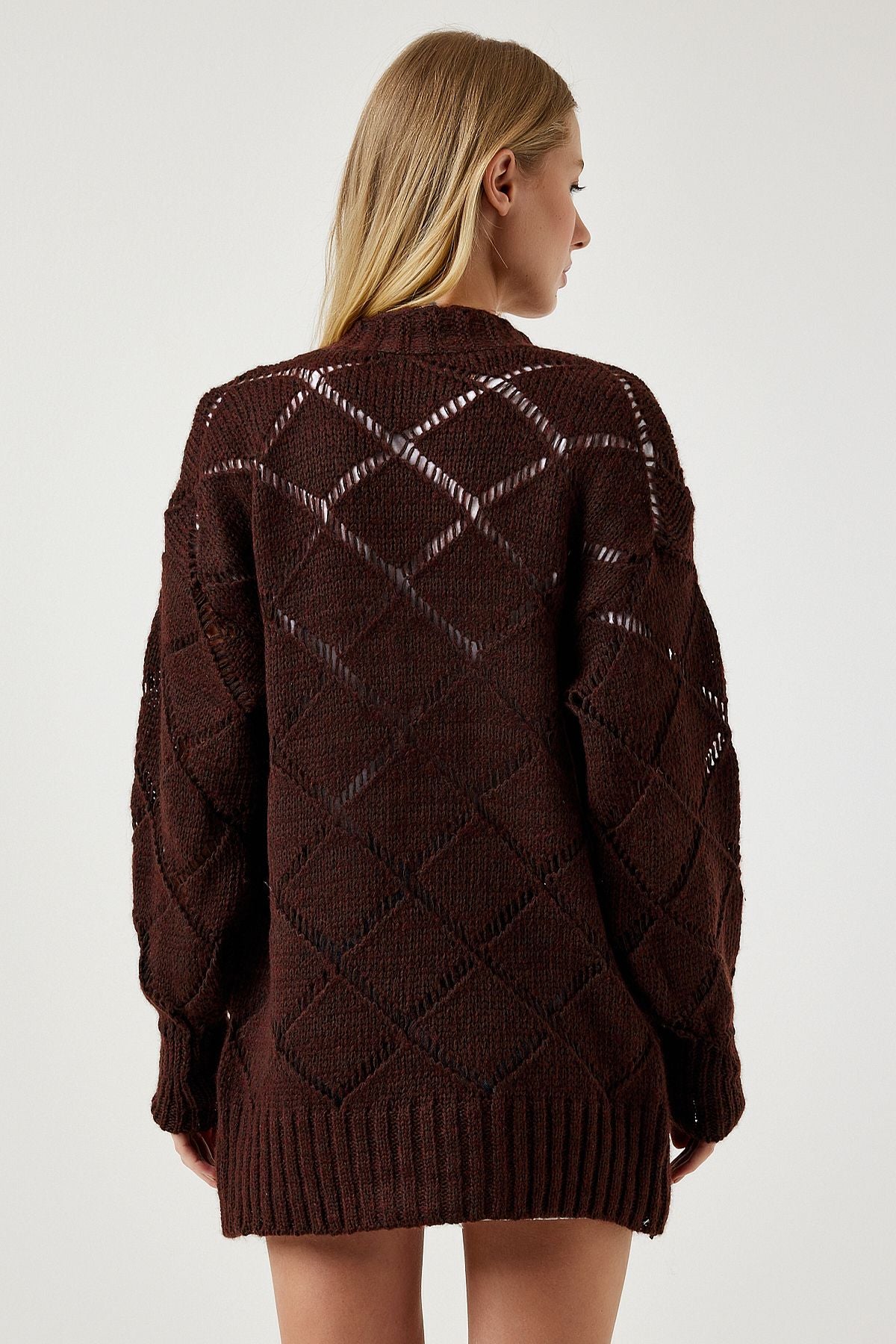 Women's Brown Baklava Patterned Offer Triko Cardigan MC00212