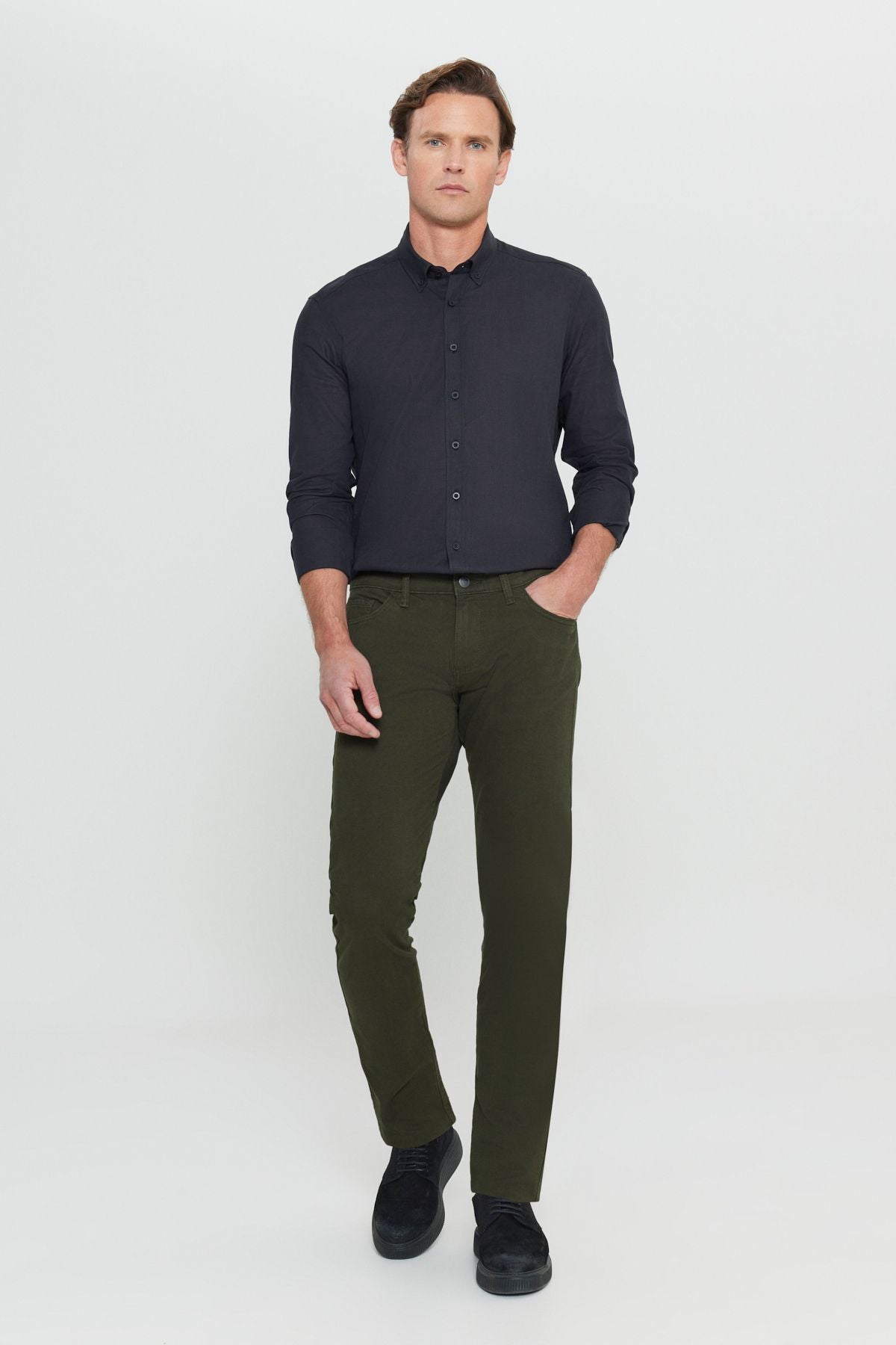Men's Khaki Slim Fit Narrow Cut 5 pocket cotton canvas flexible chino pants