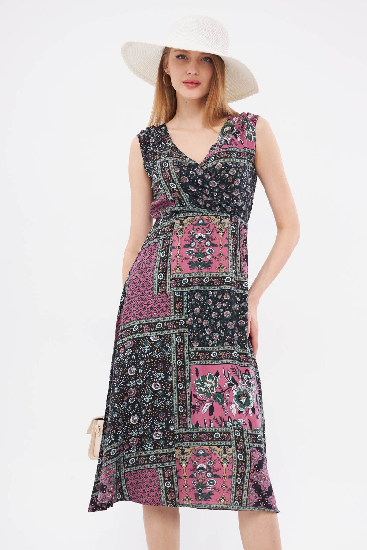 WOMEN'S ROSE DRIVER PATTERNED waist and shoulder tire cruve collar midi size dress ARM-24Y001052