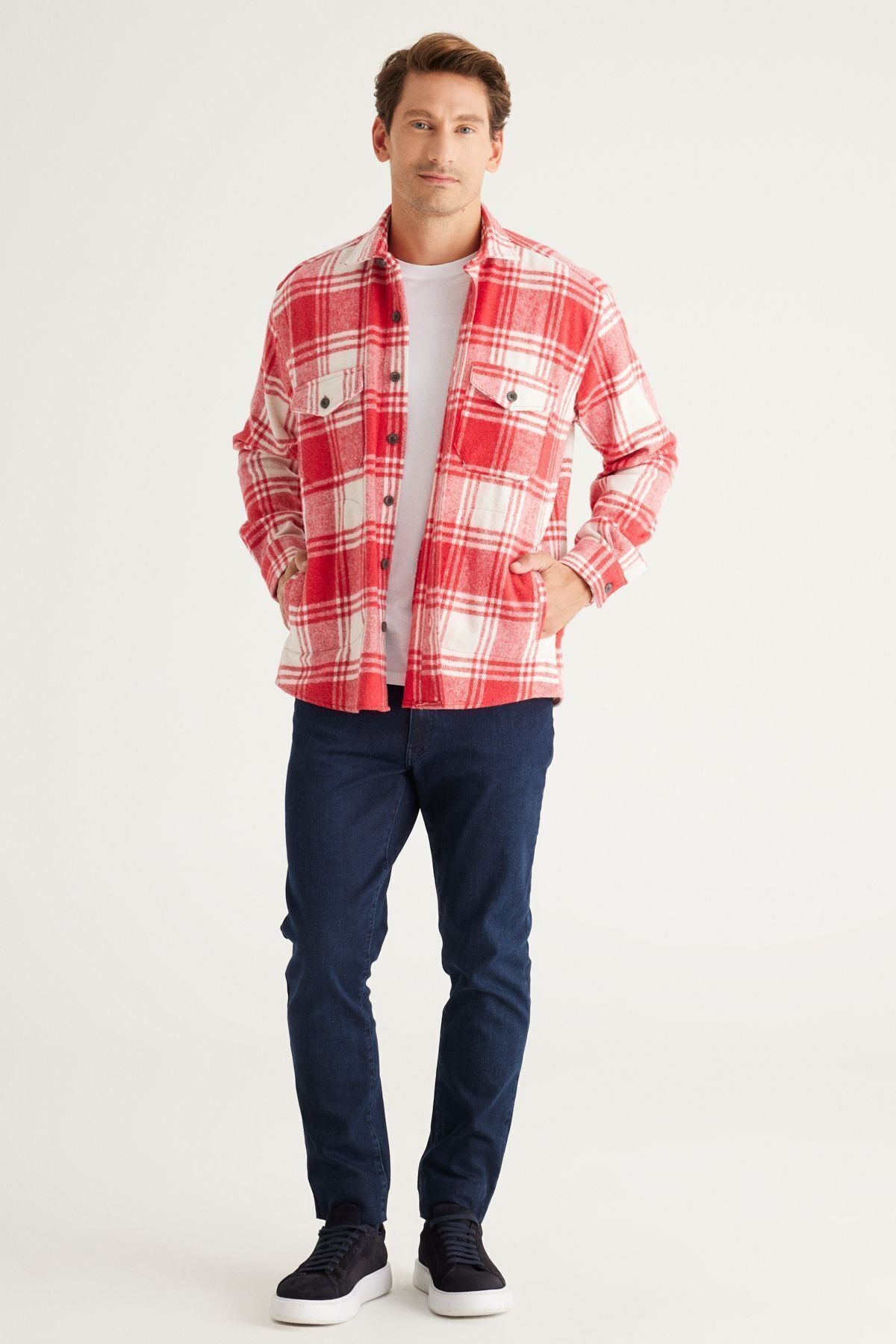 Men's Red Ecru Oversiz plenty of cut buttoned collar checkered winter shirt jacket