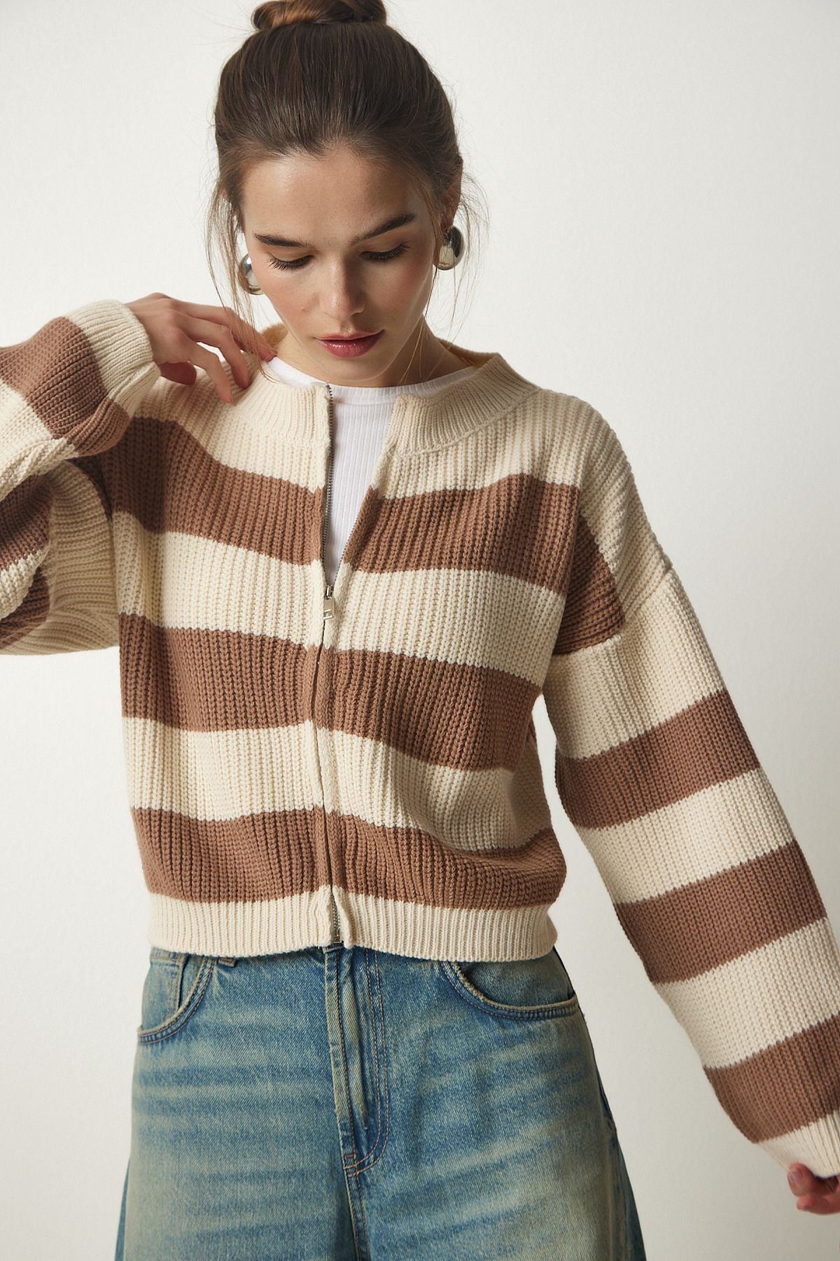 Women's Cream Biscuit Zippered Triko Cardigan MC00246