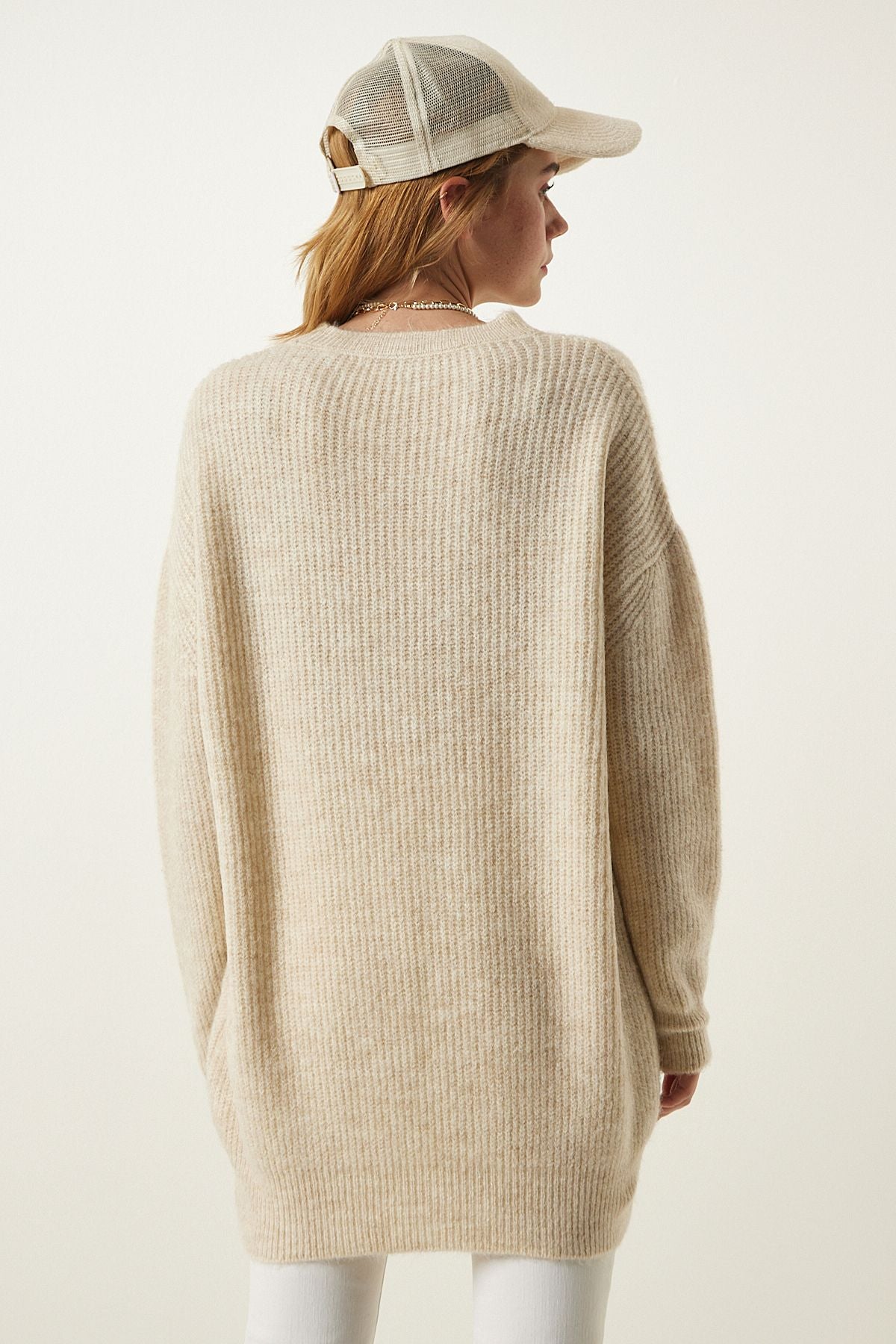 Cream Oversize Long Basic Knitwear Sweater BV00099