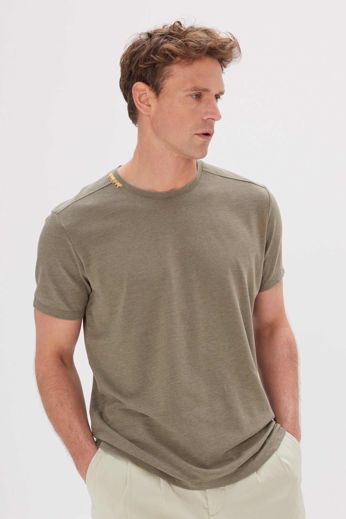 Men's Khaki Slim Fit Narrow Cut Bicycle Collar Cotton T -shirt