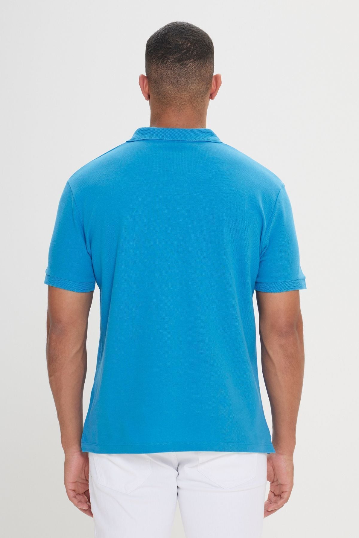 Men's turquoise 100 %cotton curved pike polo collar slim fit narrow cut t -shirt